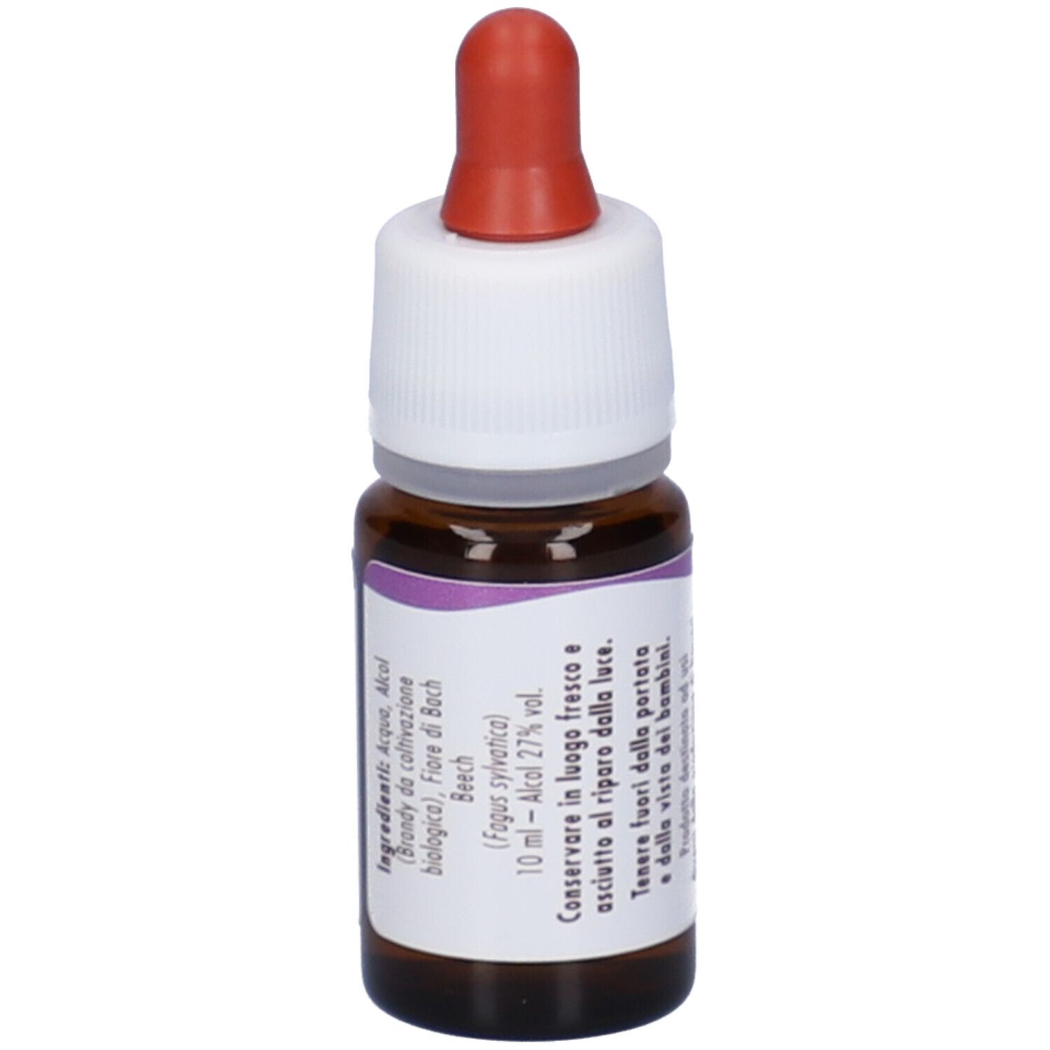 Flacone di vetro marrone con contagocce rosso. Tappo bianco. Etichetta con ingredienti e testo. 10 ml.