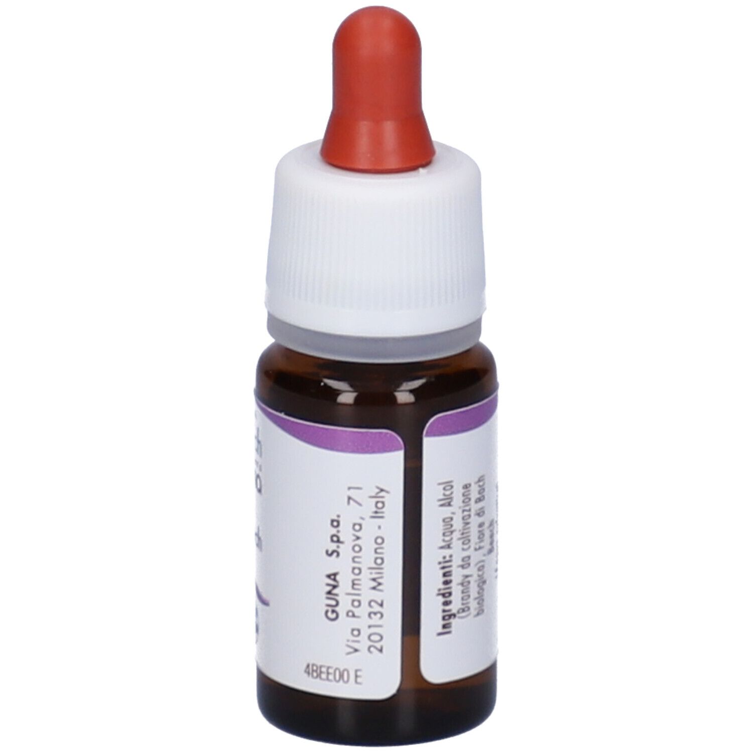 Flacone di vetro marrone con contagocce rosso. Tappo bianco. Etichetta con indirizzo aziendale e ingredienti.