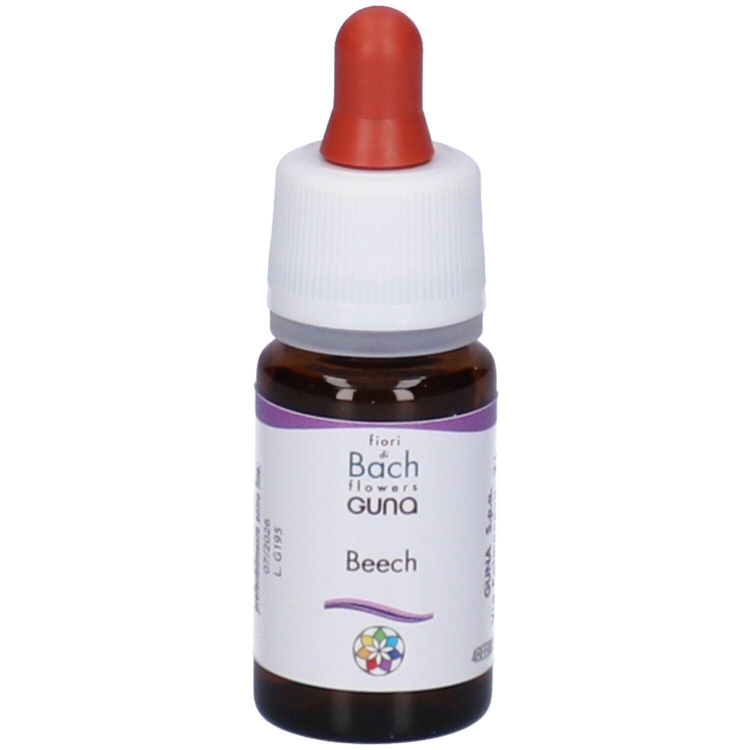 Flacone di vetro marrone con contagocce rosso. Tappo bianco. Etichetta con nome del prodotto: Beech. Logo.