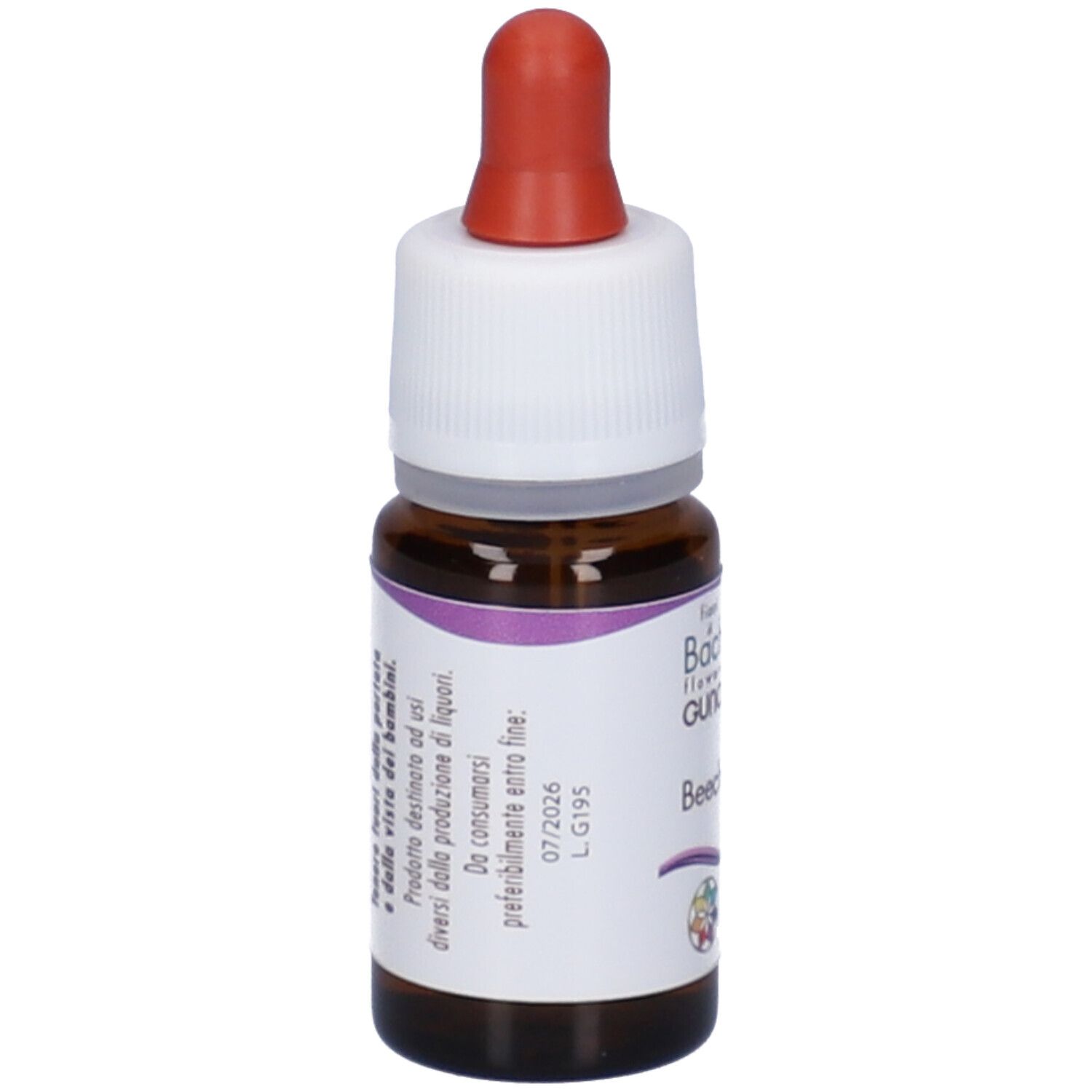 Flacone di vetro marrone con contagocce rosso. Tappo bianco. Etichetta con nome del prodotto: Beech. Scadenza 07/2026.