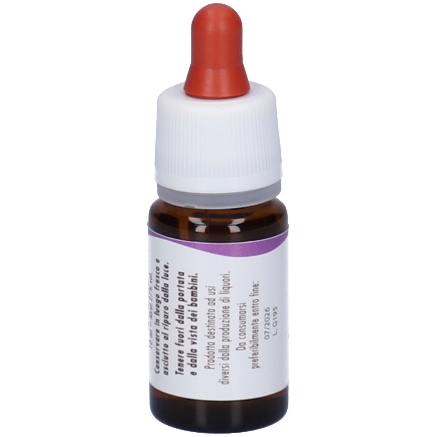 Flacone di vetro marrone con contagocce rosso. Tappo bianco. Etichetta con testo. Scadenza 07/2026.