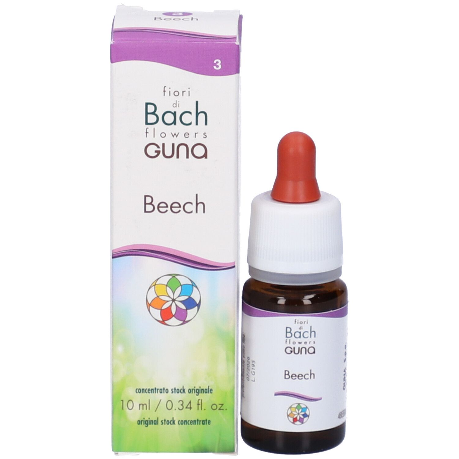 Flacone e scatola. Flacone di vetro marrone con contagocce rosso. Scatola bianca con testo e logo.