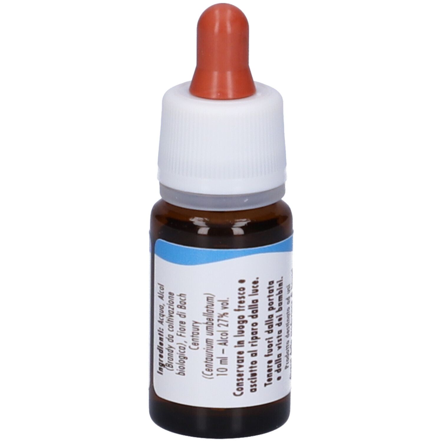 Flacone di vetro marrone con contagocce. Scritta: Centaury, fiori di Bach flowers GUNA. Elenco ingredienti.