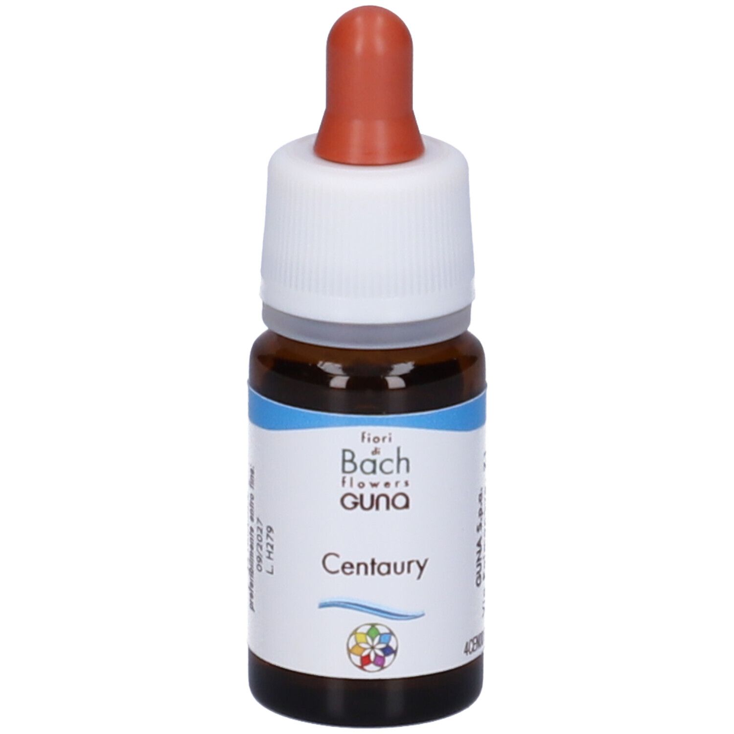 Flacone di vetro marrone con contagocce. Scritta: Centaury, fiori di Bach flowers GUNA. Logo con colori.
