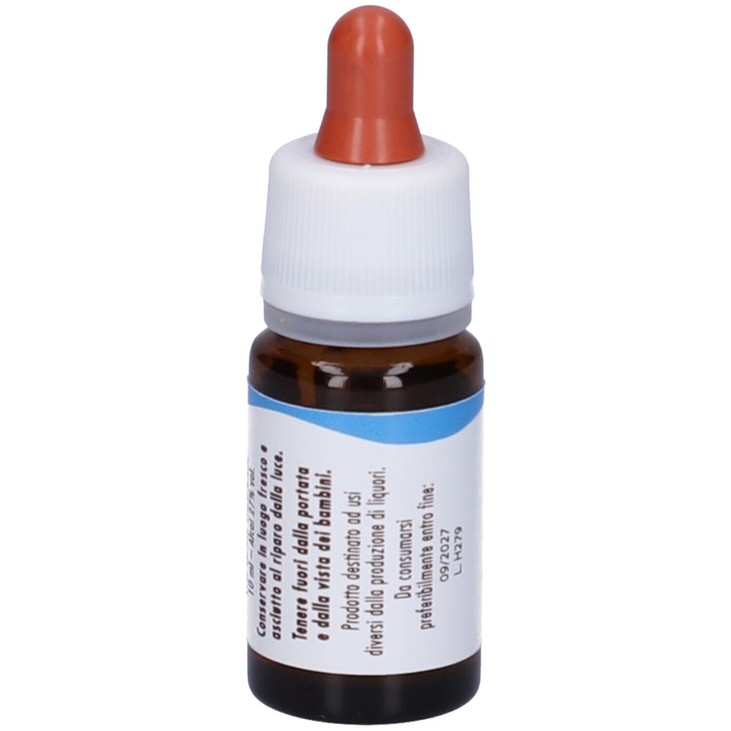 Flacone di vetro marrone con contagocce. Scritta: Centaury, fiori di Bach flowers GUNA. Avvertenze.