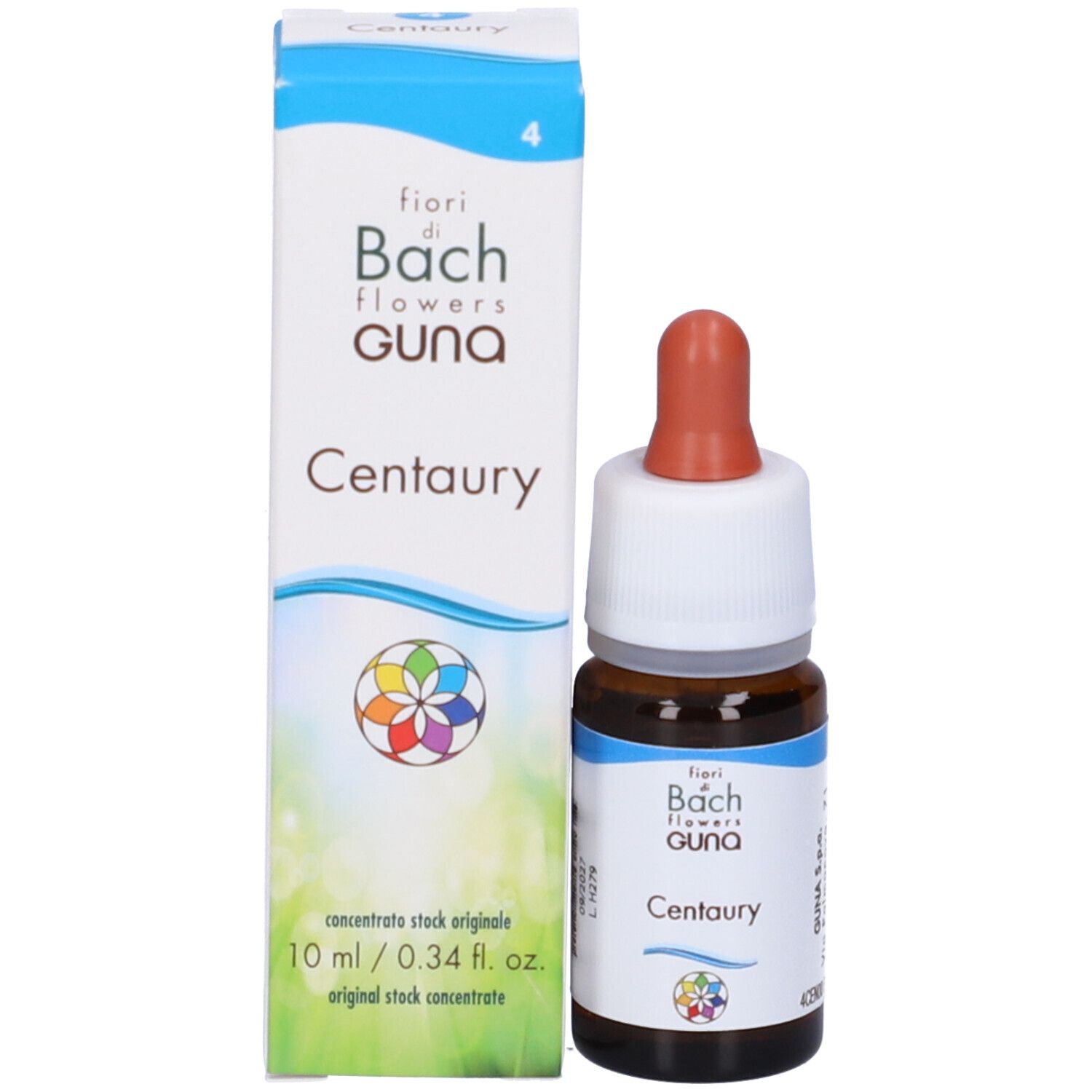 Flacone e scatola. Scritta: Centaury, fiori di Bach flowers GUNA, 10 ml. Contagocce rosso.