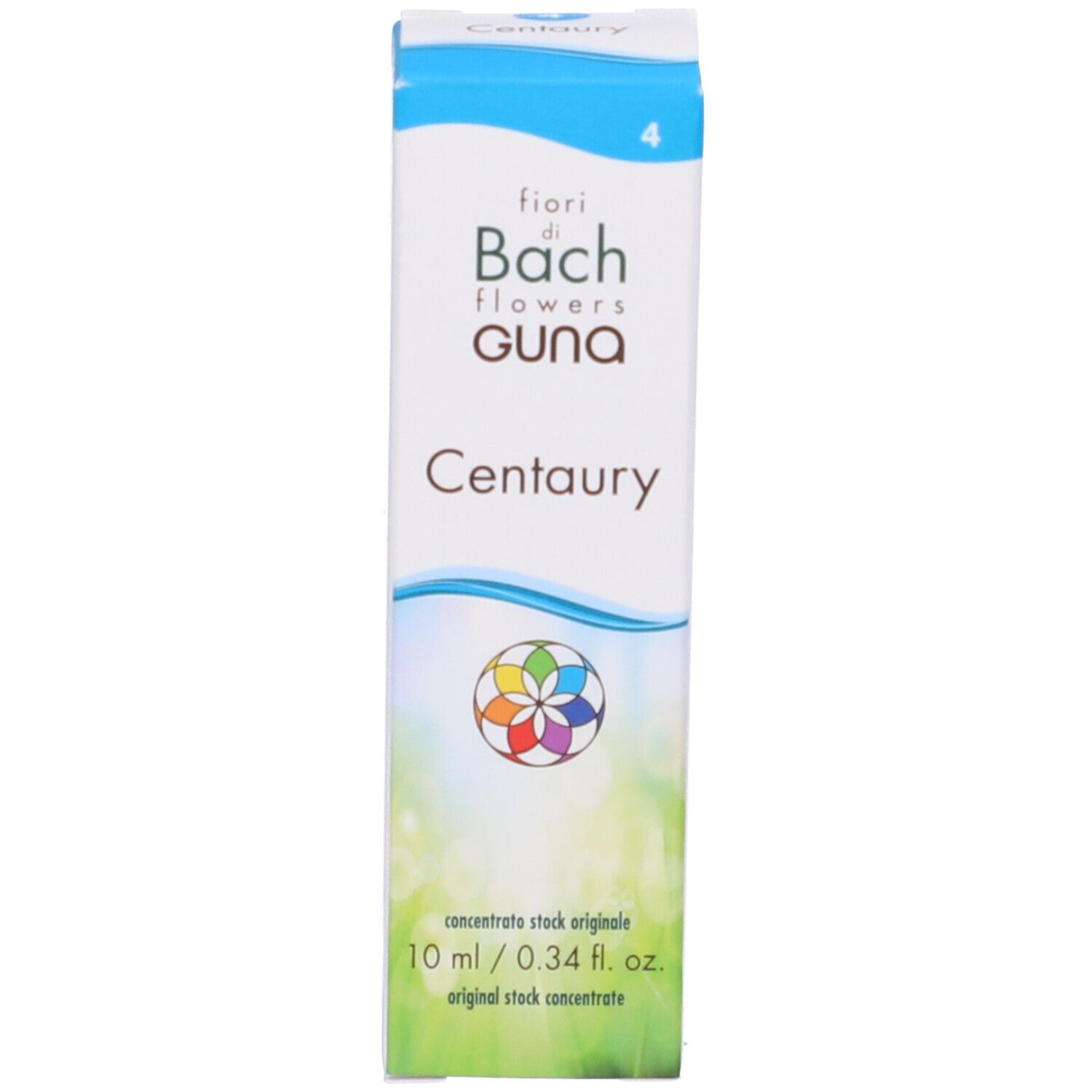 Scatola di gocce Centaury. Scritta: fiori di Bach flowers GUNA, Centaury, 10 ml.