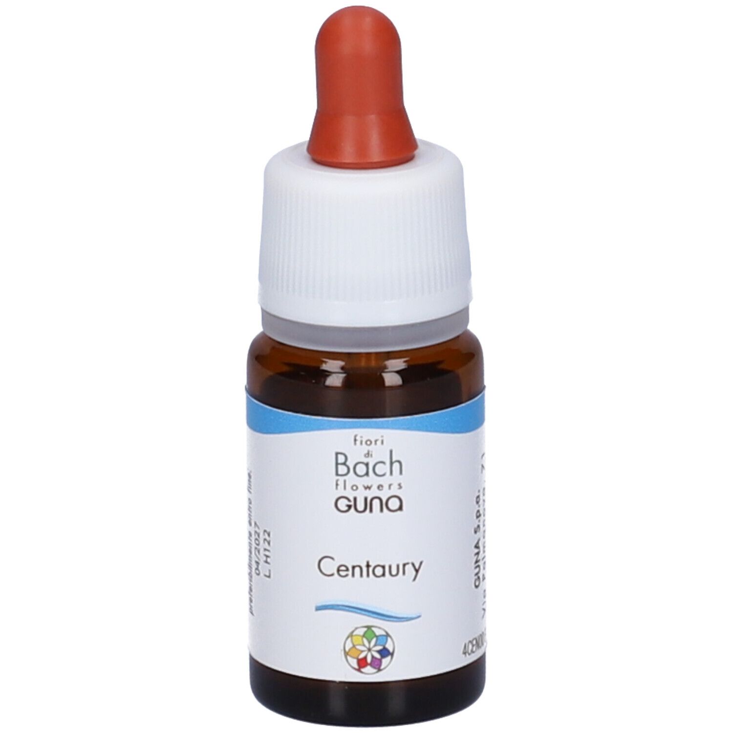 Flacone di vetro marrone con etichetta bianca e contagocce rosso. Contiene Centaury Gun Gtt. Logo e nome del prodotto visibili.