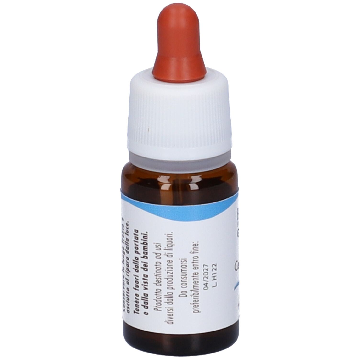 Flacone di vetro marrone con etichetta bianca e contagocce rosso. Contiene Centaury Gun Gtt. Etichetta con testo.