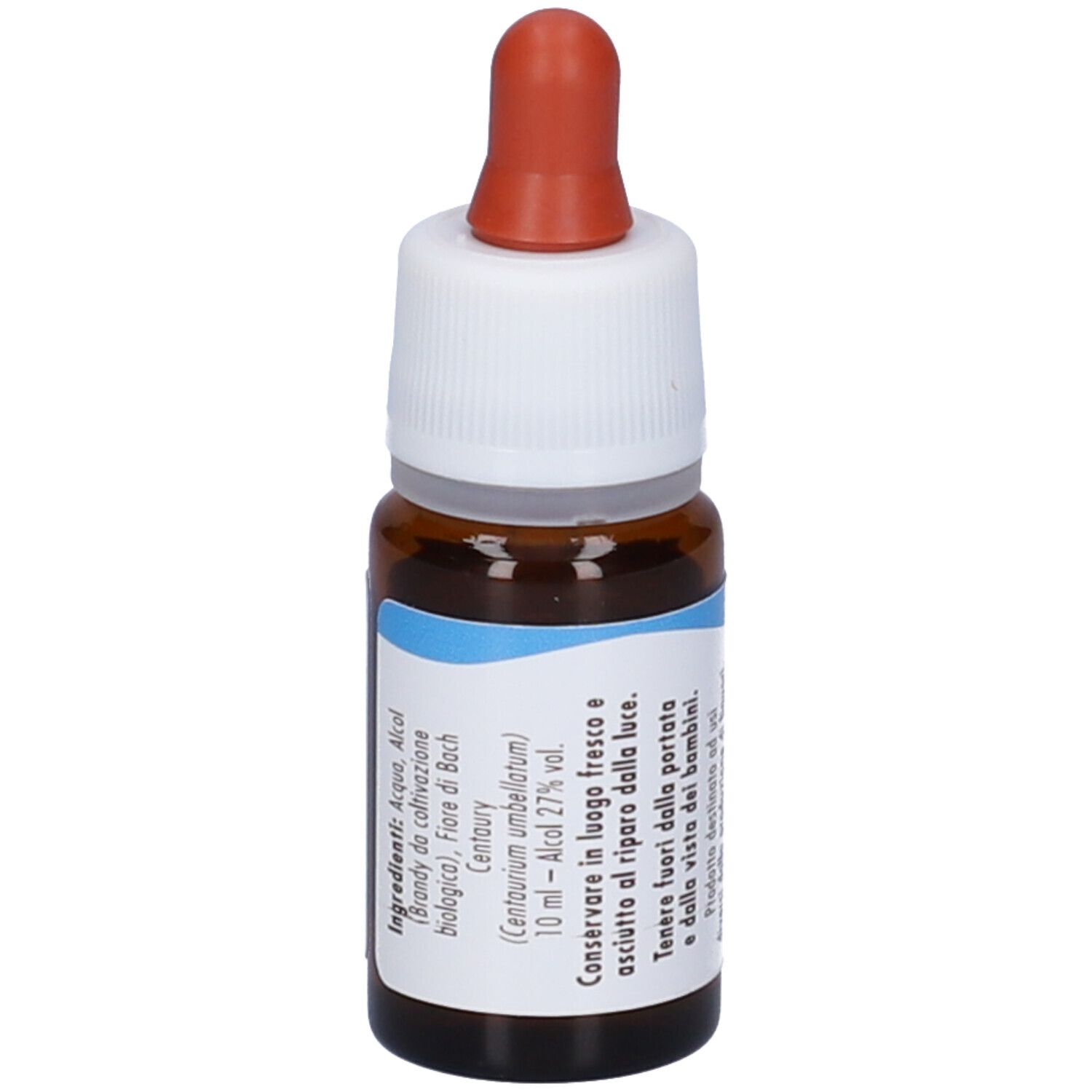 Flacone di vetro marrone con etichetta bianca e contagocce rosso. Contiene Centaury Gun Gtt. Etichetta con ingredienti.