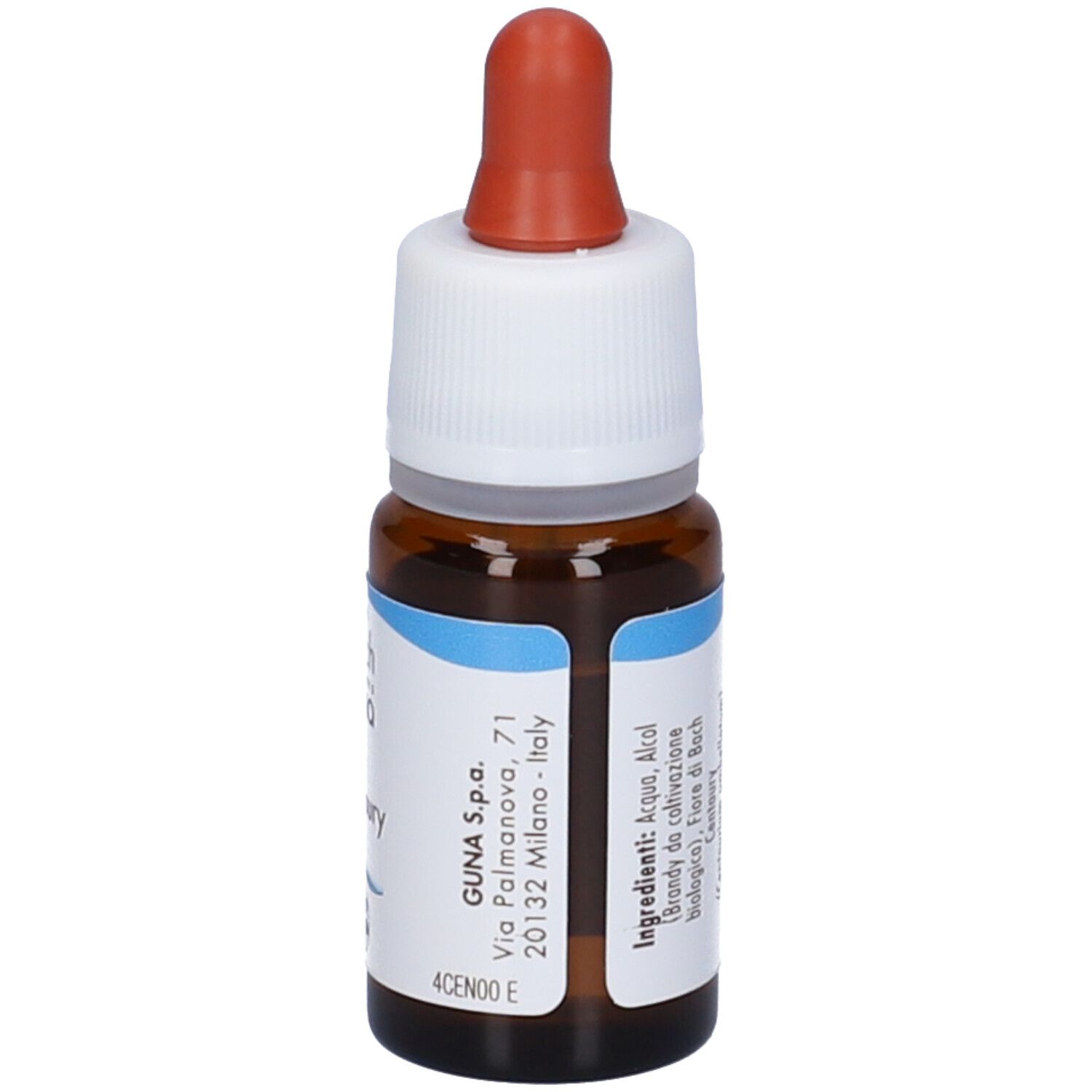 Flacone di vetro marrone con etichetta bianca e contagocce rosso. Contiene Centaury Gun Gtt. Etichetta con indirizzo.