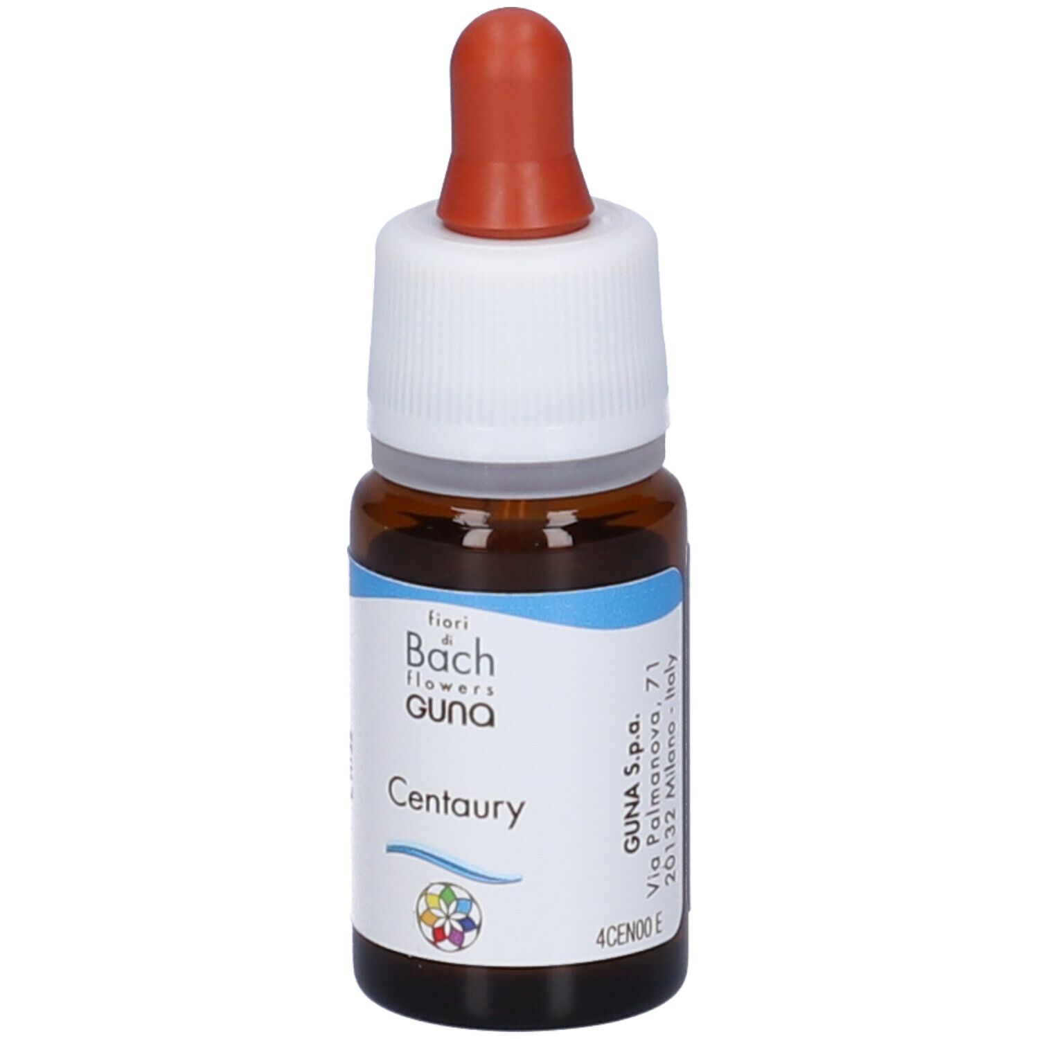Flacone di vetro marrone con etichetta bianca e contagocce rosso. Contiene Centaury Gun Gtt. Logo e nome del prodotto visibili.