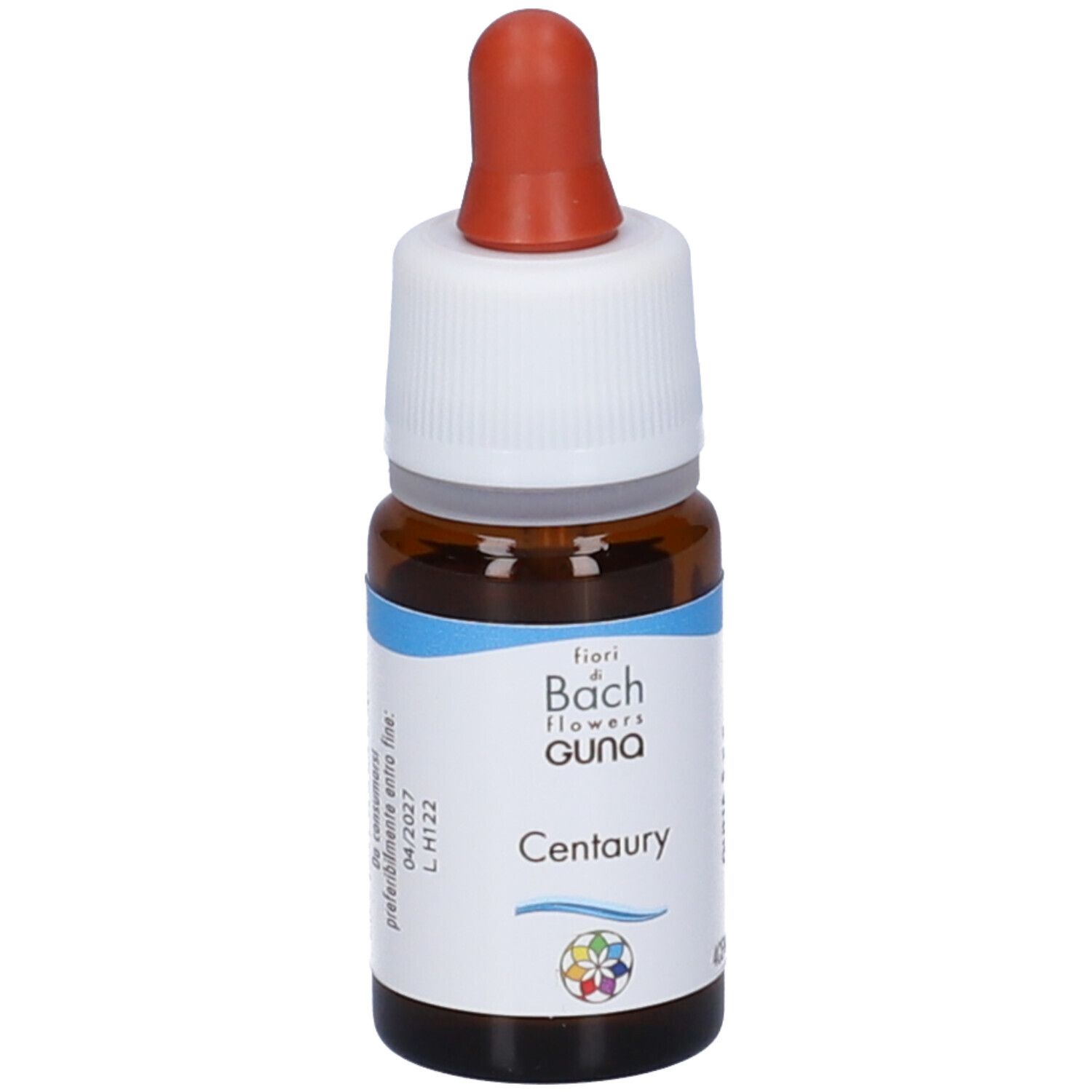 Flacone di vetro marrone con etichetta bianca e contagocce rosso. Contiene Centaury Gun Gtt. Etichetta con testo.