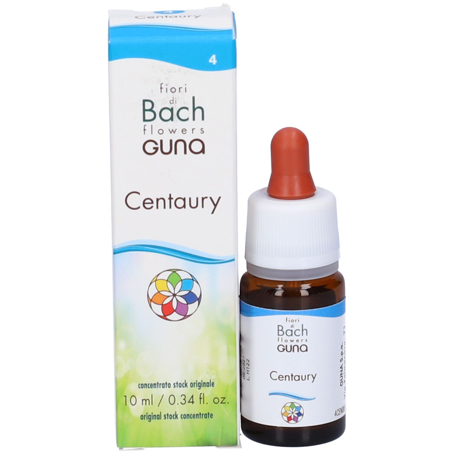 Prodotto Centaury Gun Gtt e confezione. Flacone marrone con contagocce rosso ed etichetta bianca, accanto alla scatola.