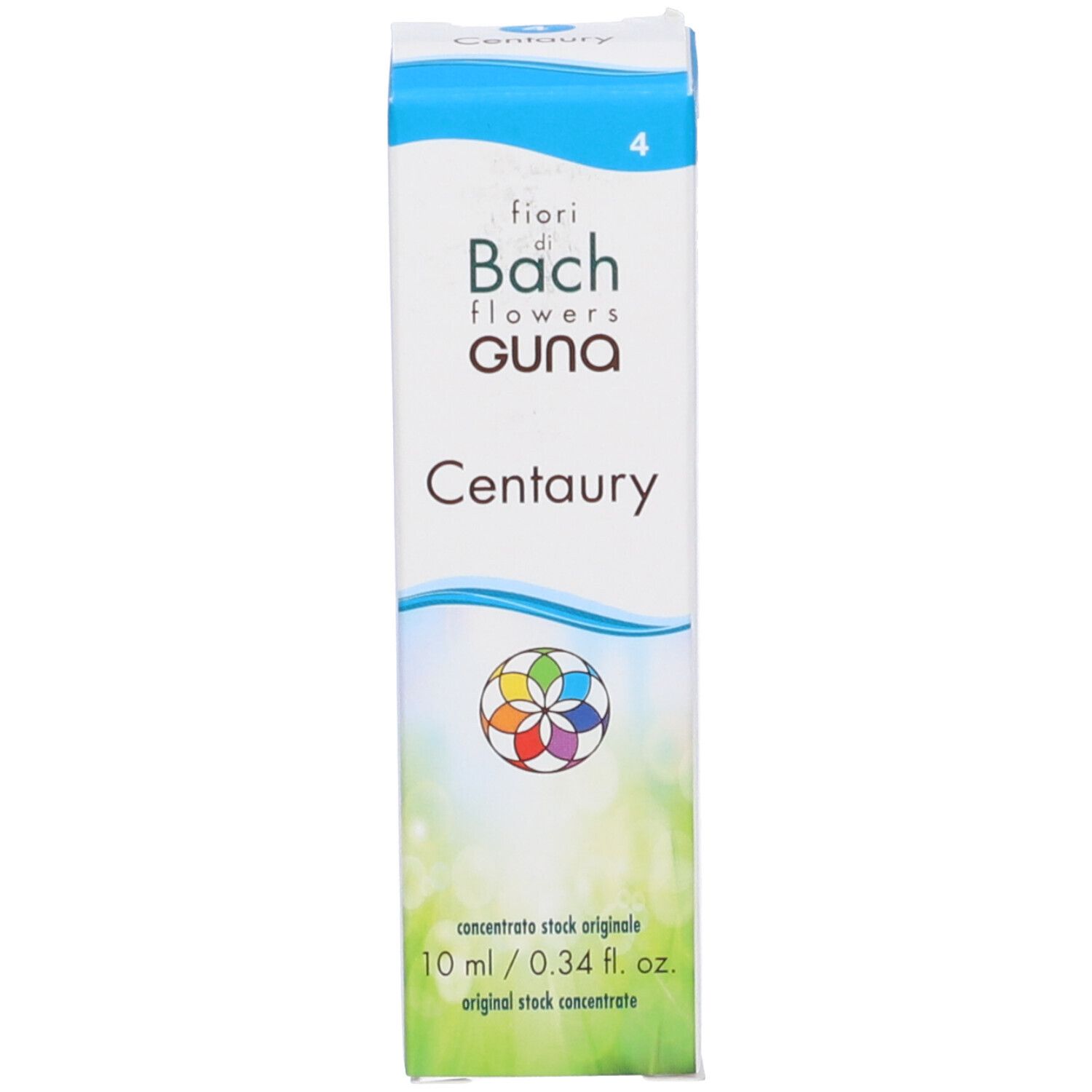 Scatola Centaury Gun Gtt. Confezione blu e bianca con nome e logo del prodotto. Contiene 10 ml.