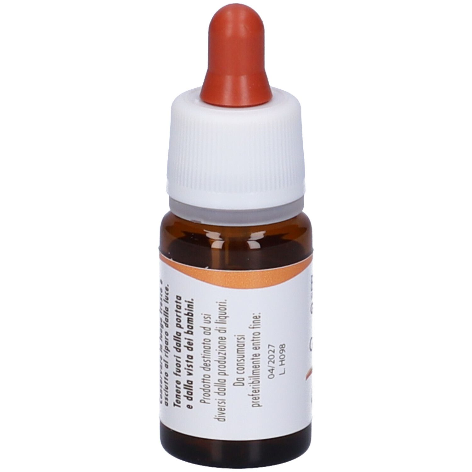 Flacone di vetro marrone con contagocce. Scritta: Cerato. Etichetta con ingredienti e scadenza.