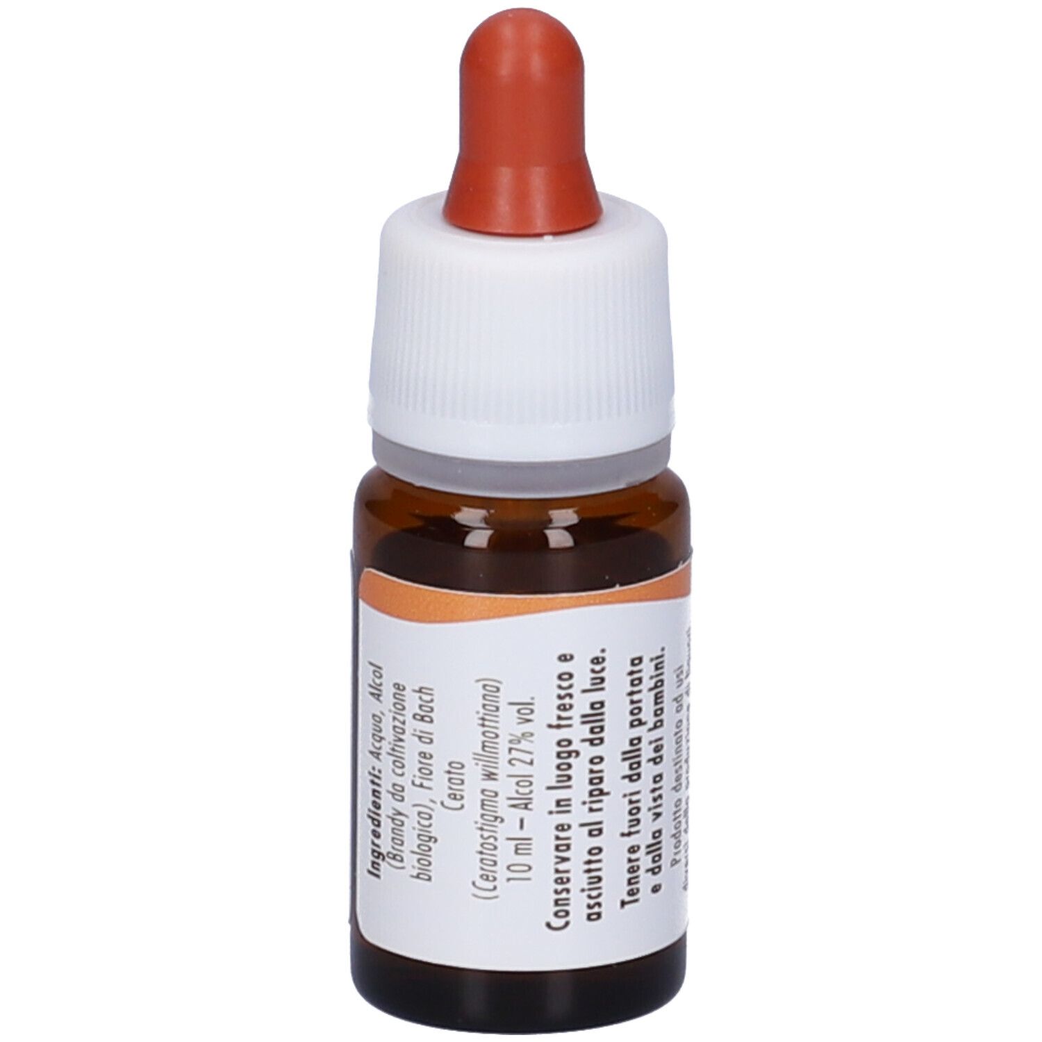 Flacone di vetro marrone con contagocce. Scritta: Cerato. Etichetta con ingredienti e scadenza.