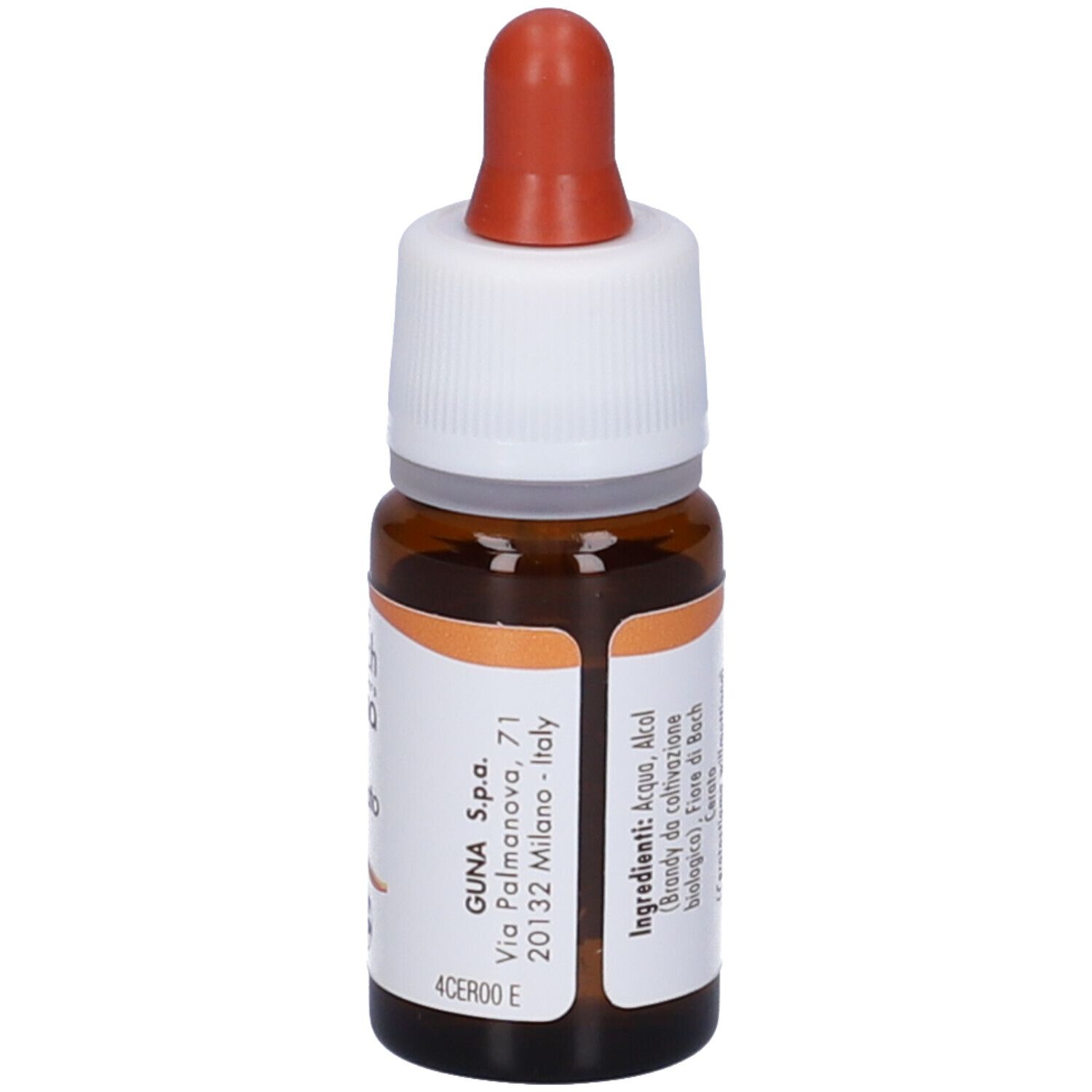 Flacone di vetro marrone con contagocce. Scritta: Cerato. Etichetta con ingredienti e scadenza.
