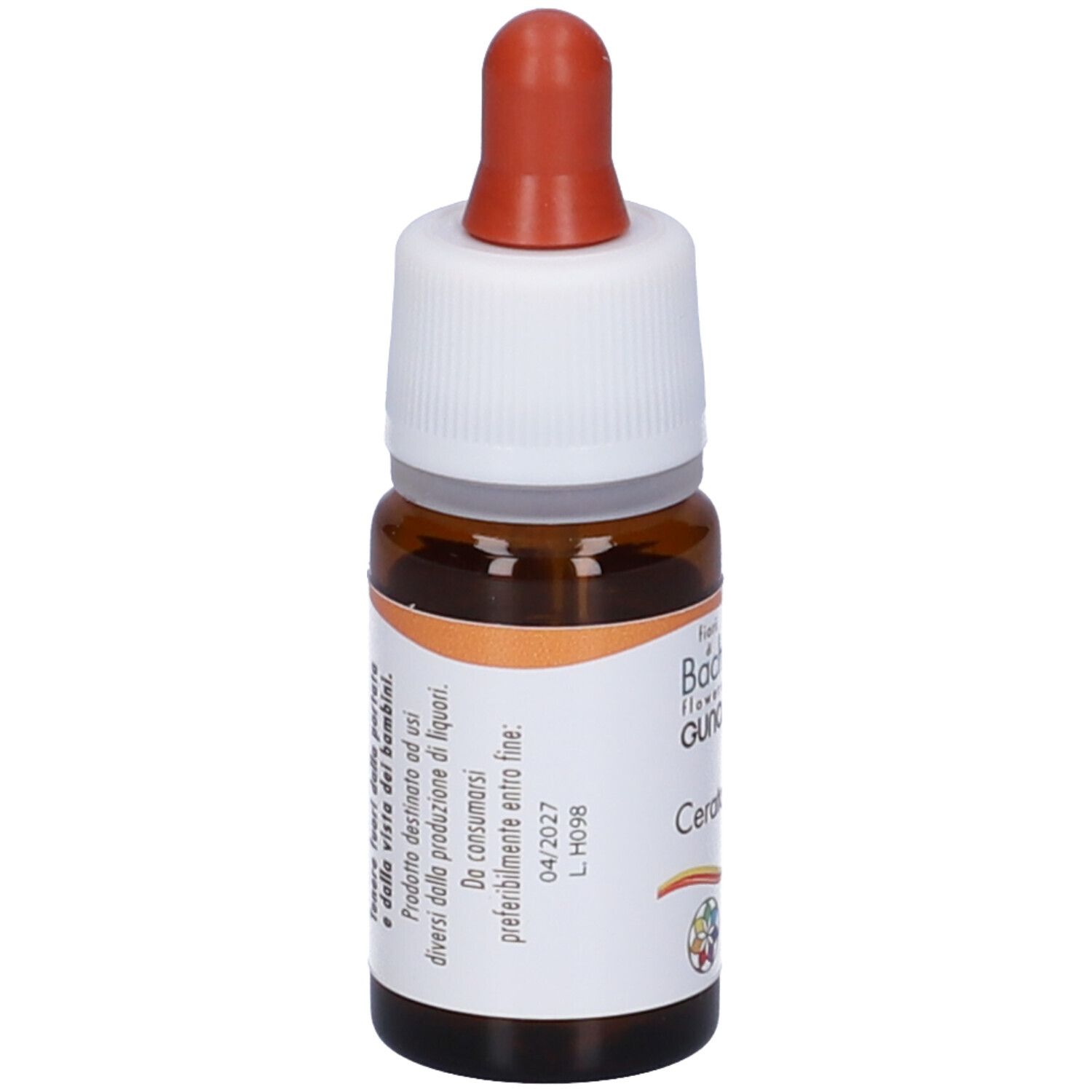 Flacone di vetro marrone con contagocce. Scritta: Cerato. Etichetta con ingredienti e scadenza.