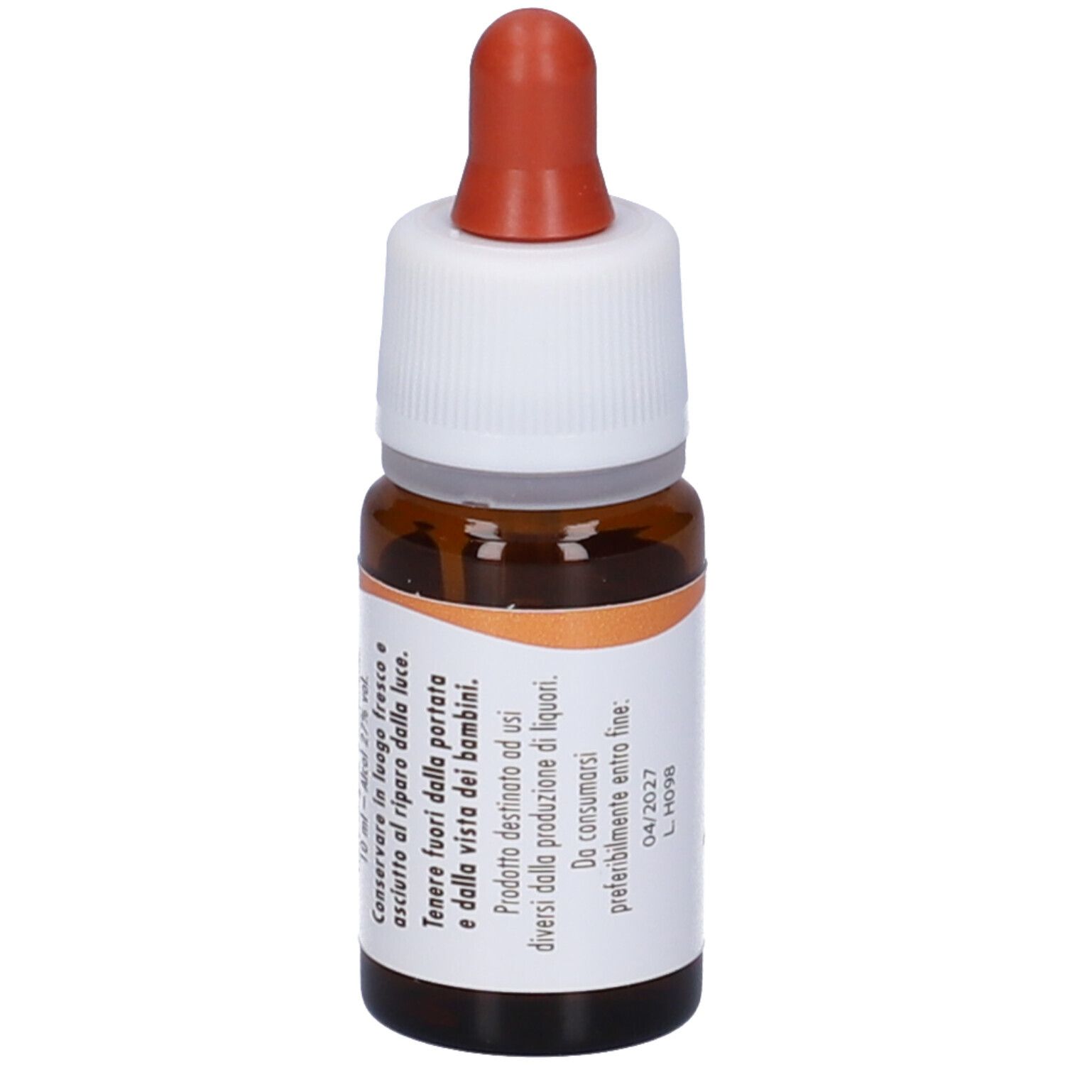 Flacone di vetro marrone con contagocce. Scritta: Cerato. Etichetta con ingredienti e scadenza.
