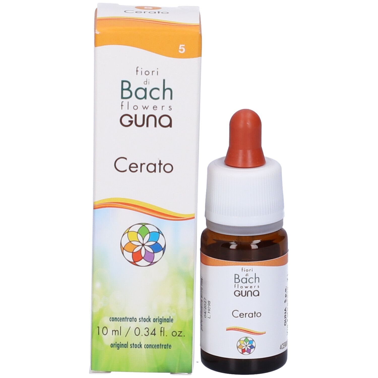 Flacone e confezione. Flacone marrone con contagocce, accanto alla scatola. Scritta: Cerato, Guna.