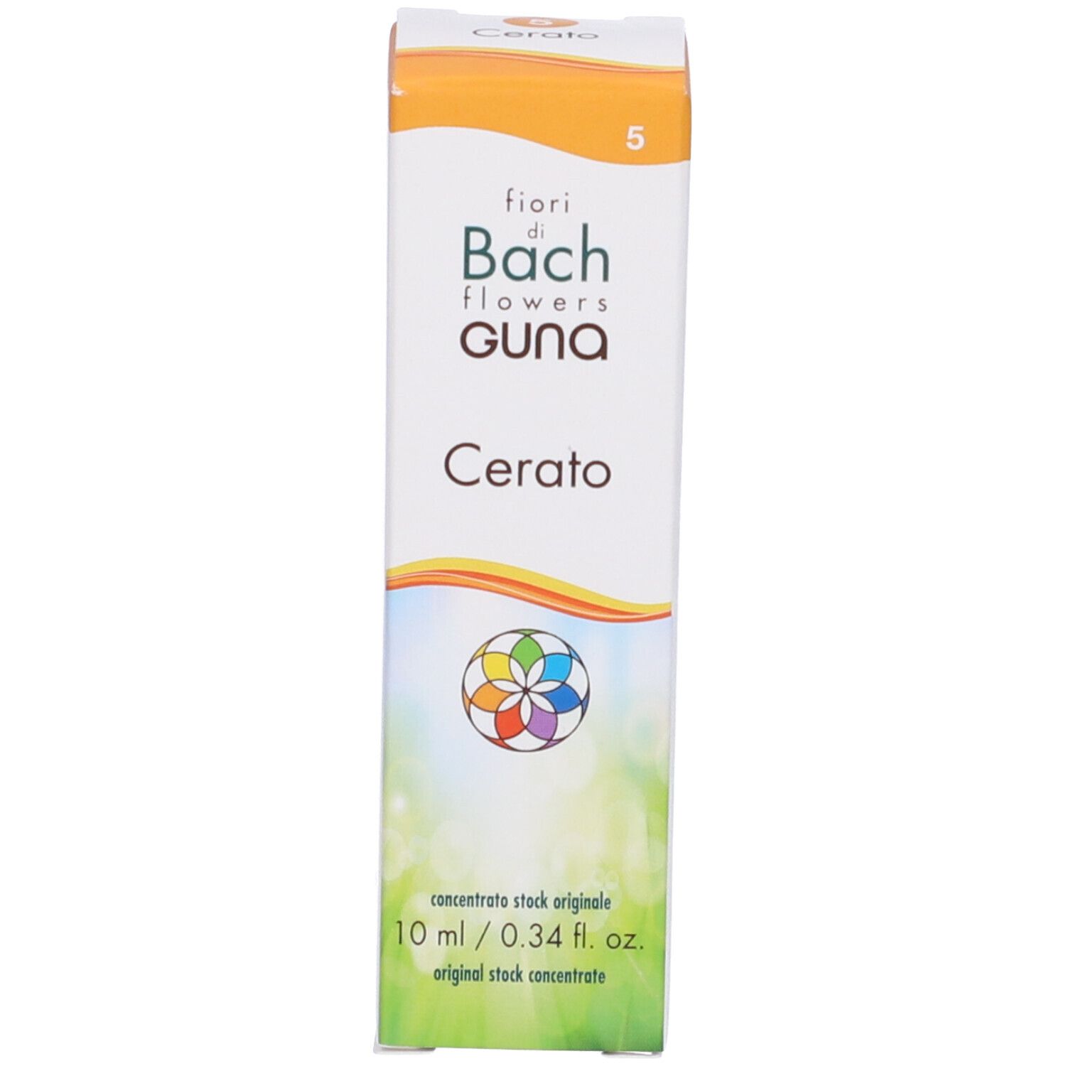 Scatola Cerato Guna, 10 ml. Marchio fiori di Bach flowers. Logo floreale.