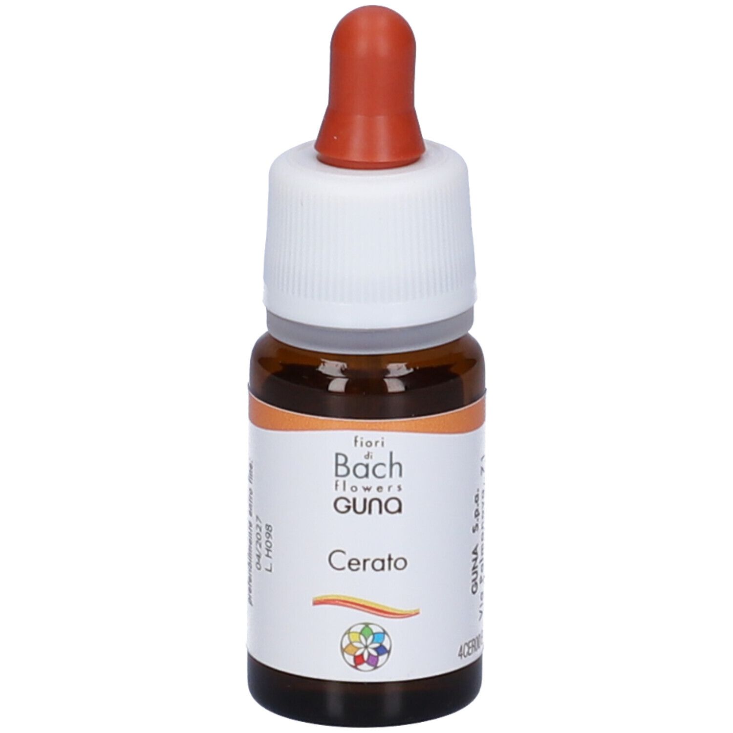 Flacone di vetro marrone con contagocce. Tappo bianco, anello arancione. Nome del prodotto e logo visibili.