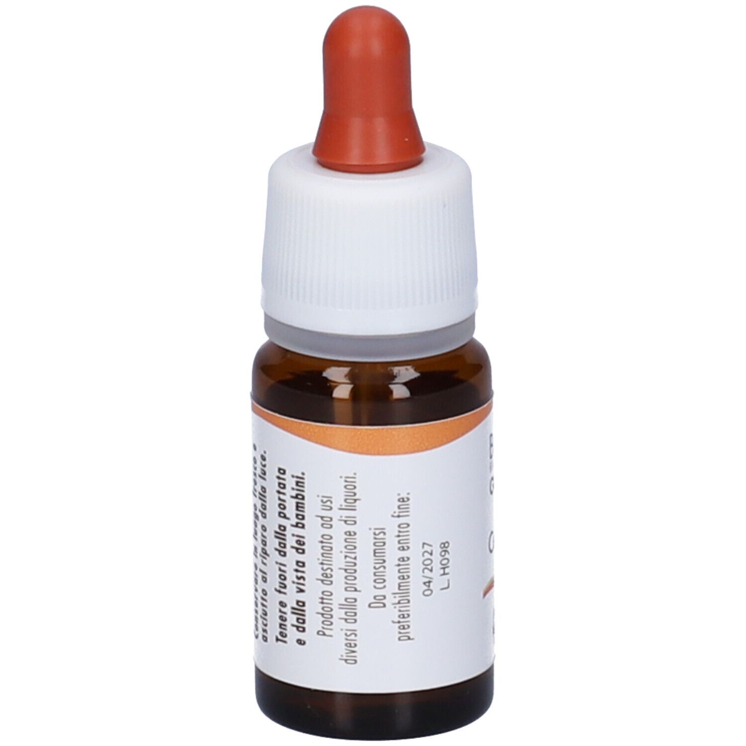 Flacone di vetro marrone con contagocce. Tappo bianco, anello arancione. Informazioni sul prodotto sull'etichetta.