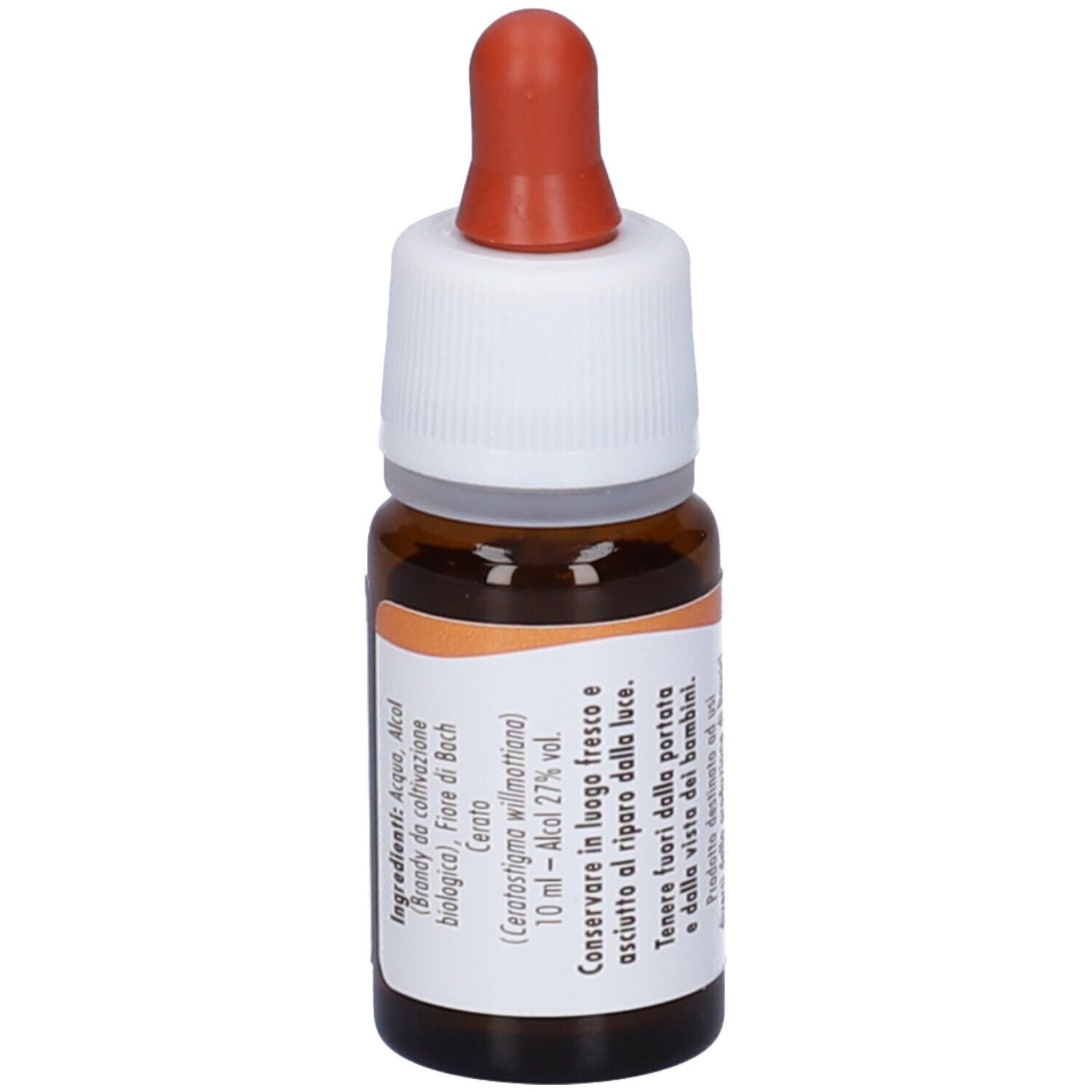 Flacone di vetro marrone con contagocce. Tappo bianco, anello arancione. Elenco ingredienti e informazioni sul prodotto.
