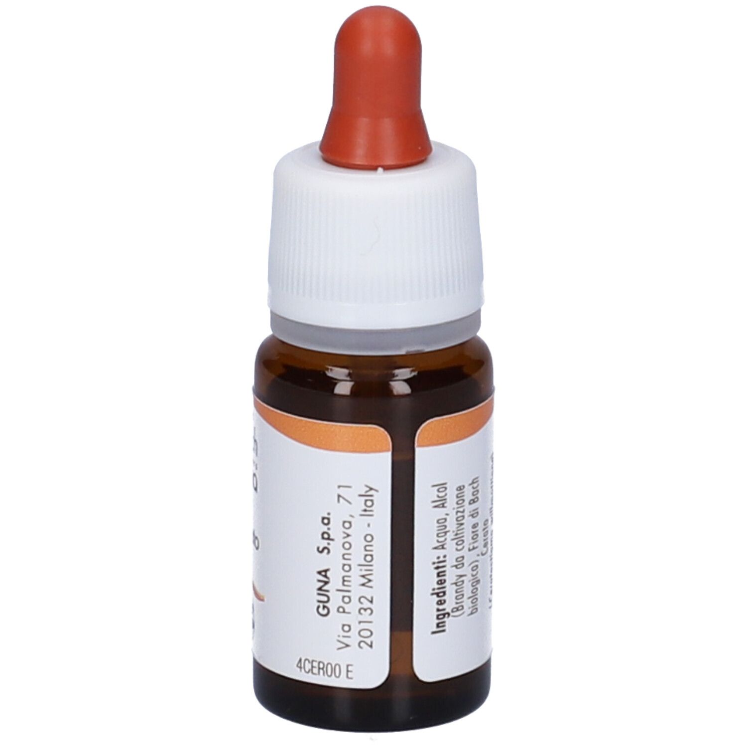 Flacone di vetro marrone con contagocce. Tappo bianco, anello arancione. Informazioni sul prodotto e indirizzo del produttore.