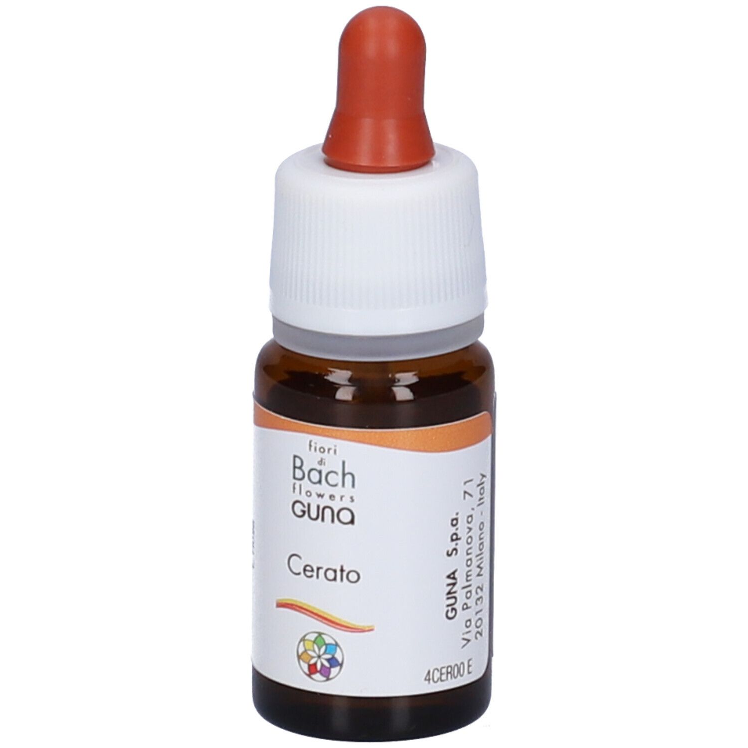 Flacone di vetro marrone con contagocce. Tappo bianco, anello arancione. Nome del prodotto, logo e indirizzo del produttore.