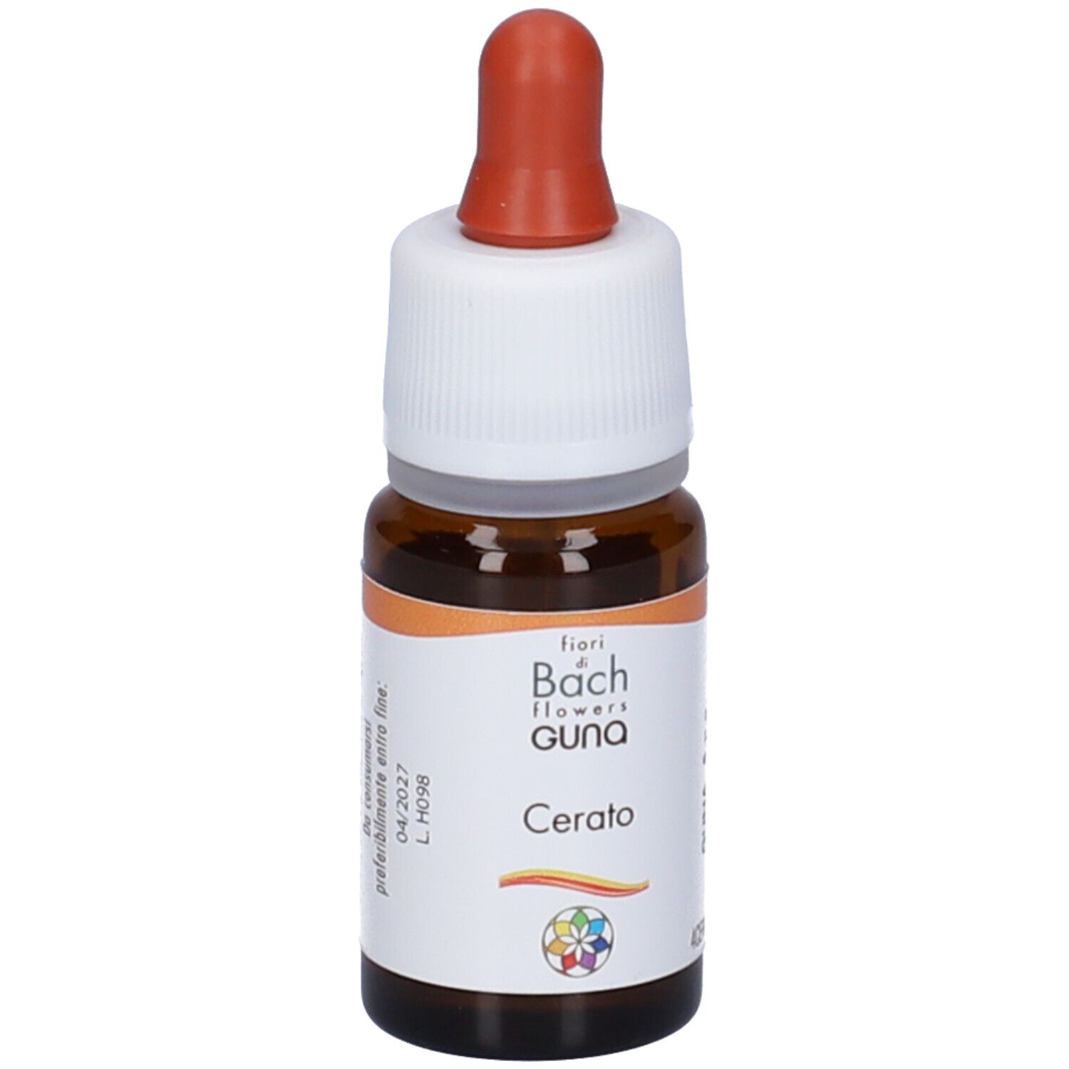 Flacone di vetro marrone con contagocce. Tappo bianco, anello arancione. Nome del prodotto, logo e data di scadenza.