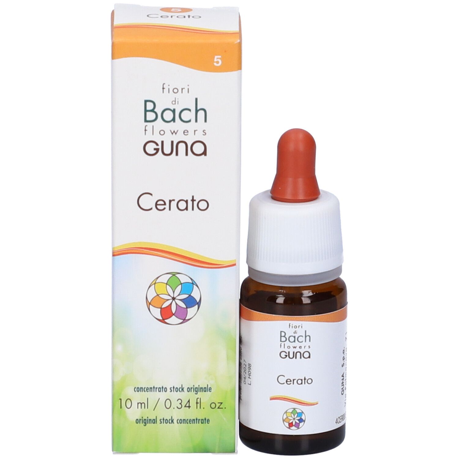 Confezione e flacone del prodotto. Flacone marrone con contagocce, tappo bianco. Scatola con nome e logo.