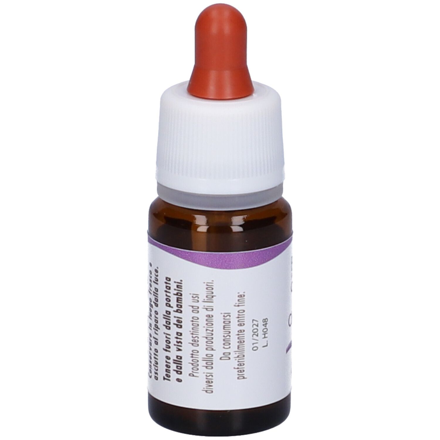 Flacone di vetro marrone con tappo bianco e contagocce rosso. Etichetta con testo.