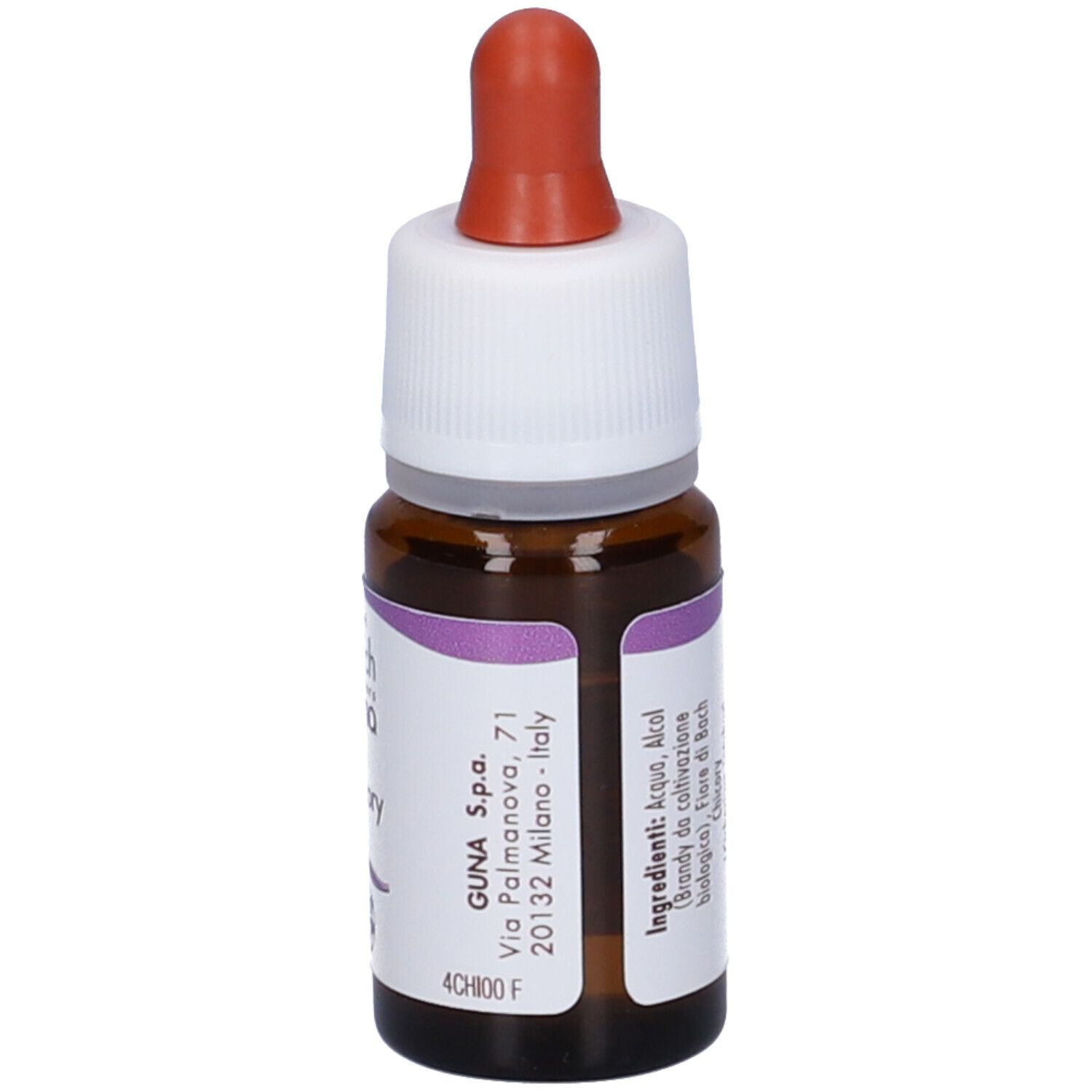 Flacone di vetro marrone con tappo bianco e contagocce rosso. Etichetta con indirizzo e testo.