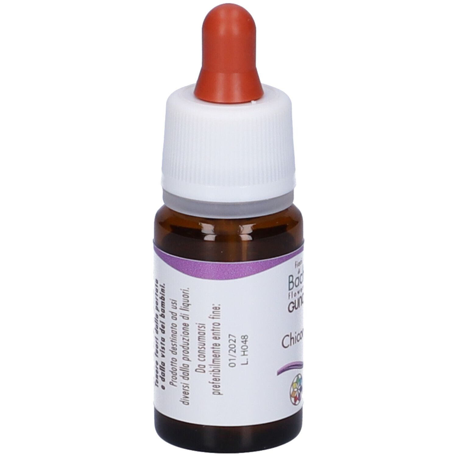 Flacone di vetro marrone con tappo bianco e contagocce rosso. Etichetta con testo e logo.