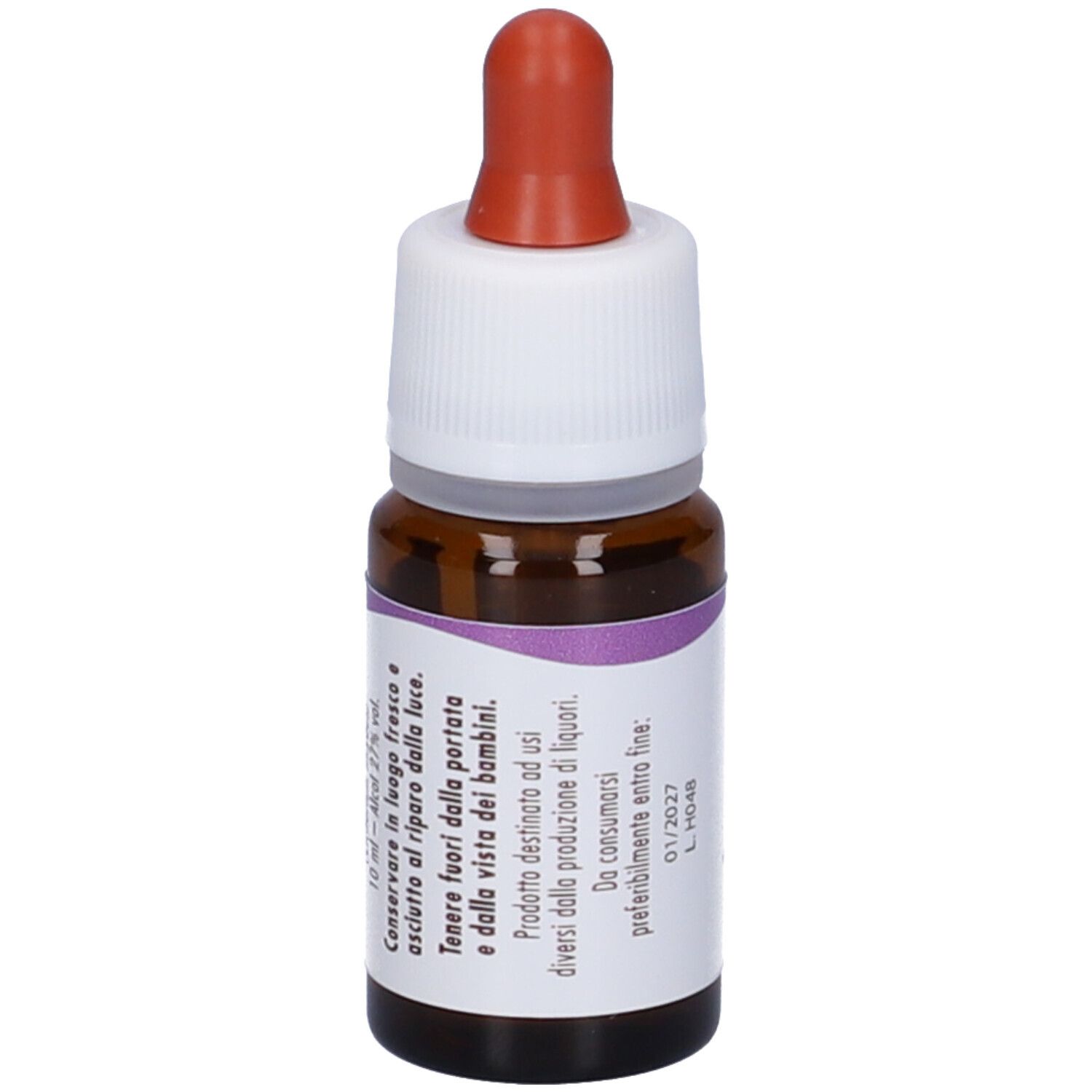 Flacone di vetro marrone con tappo bianco e contagocce rosso. Etichetta con testo.