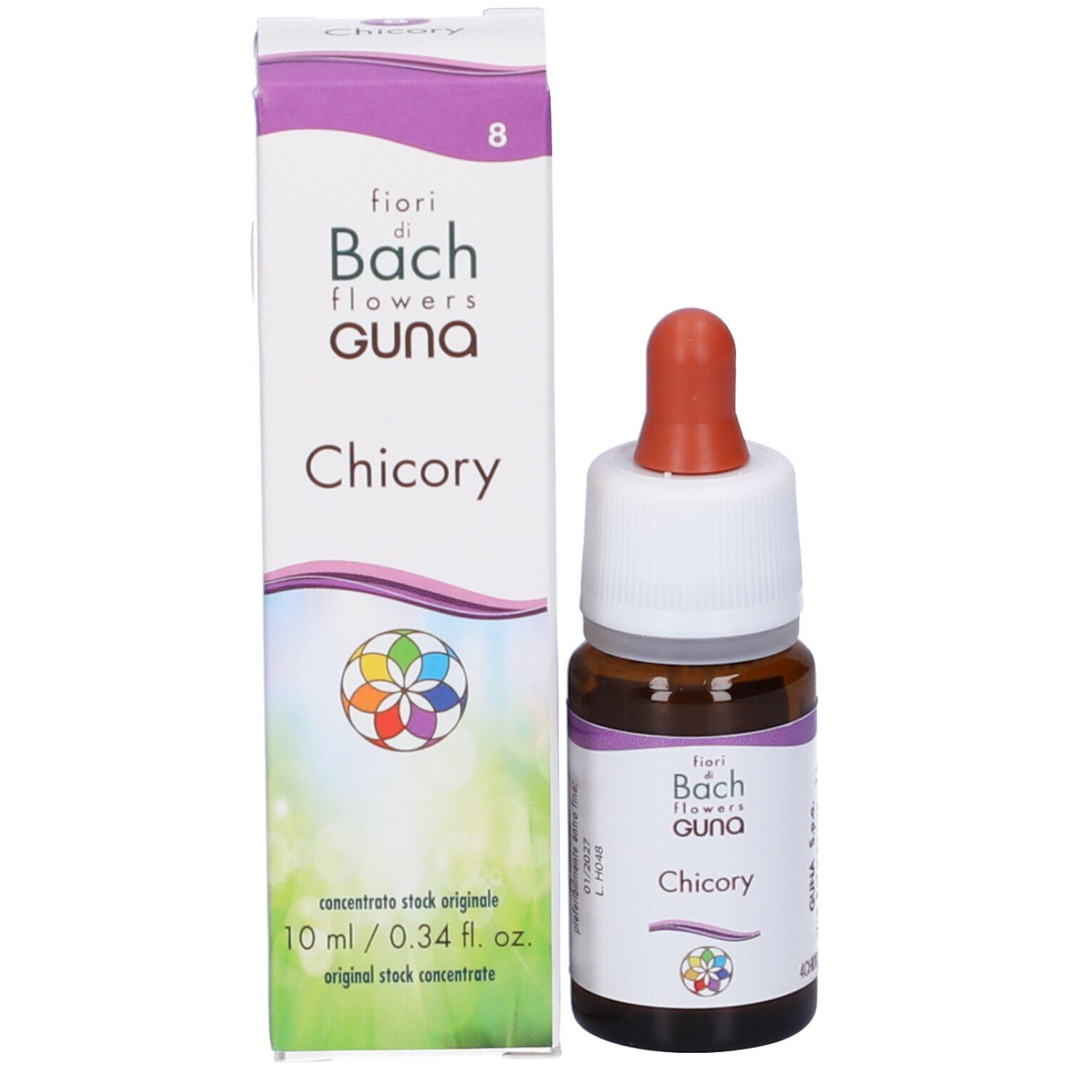 Confezione e flacone del prodotto. Scritto: Chicory, Guna, Fiori di Bach. Flacone da 10 ml.