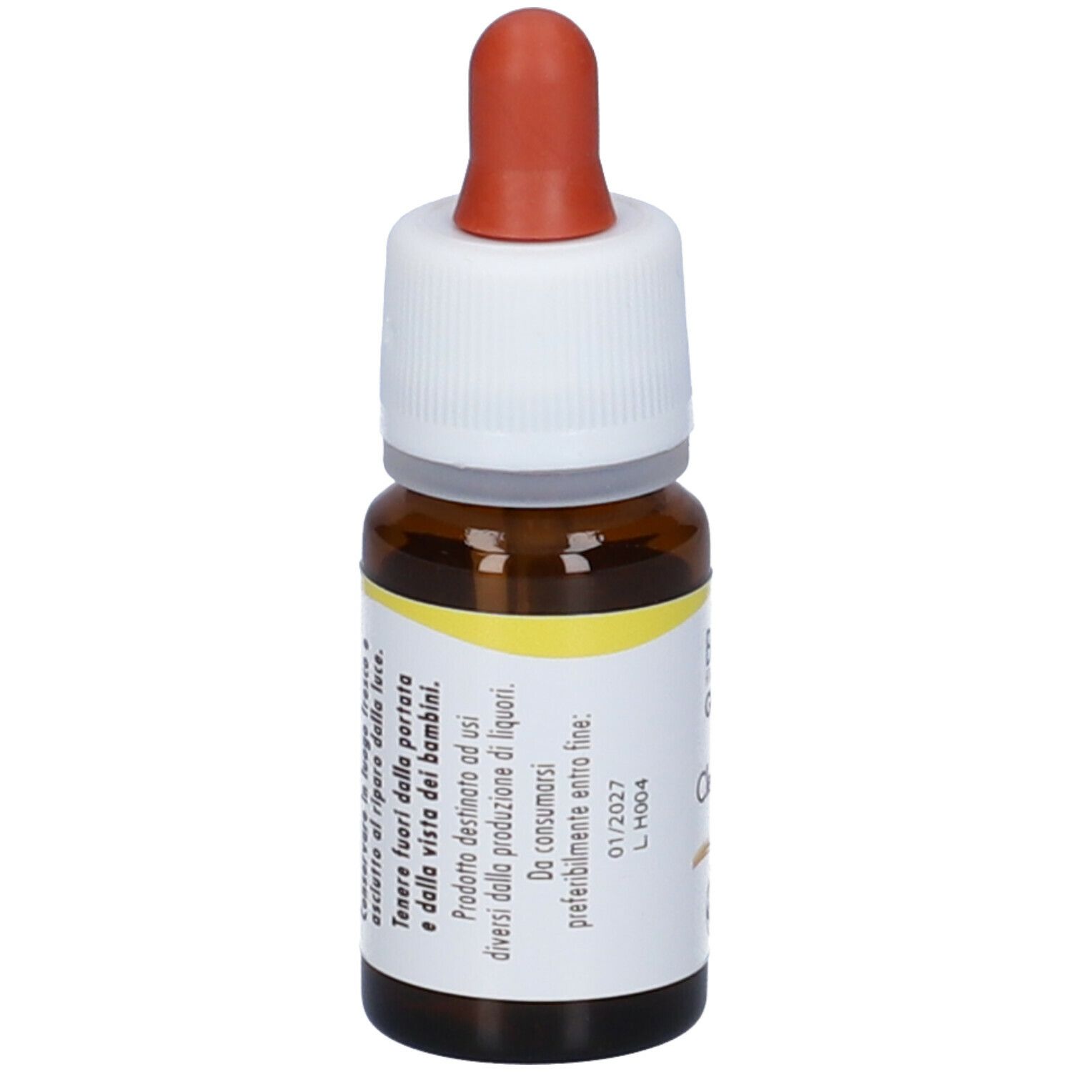 Flacone di vetro marrone con tappo bianco e contagocce rosso. Scritta e testo sull'etichetta.