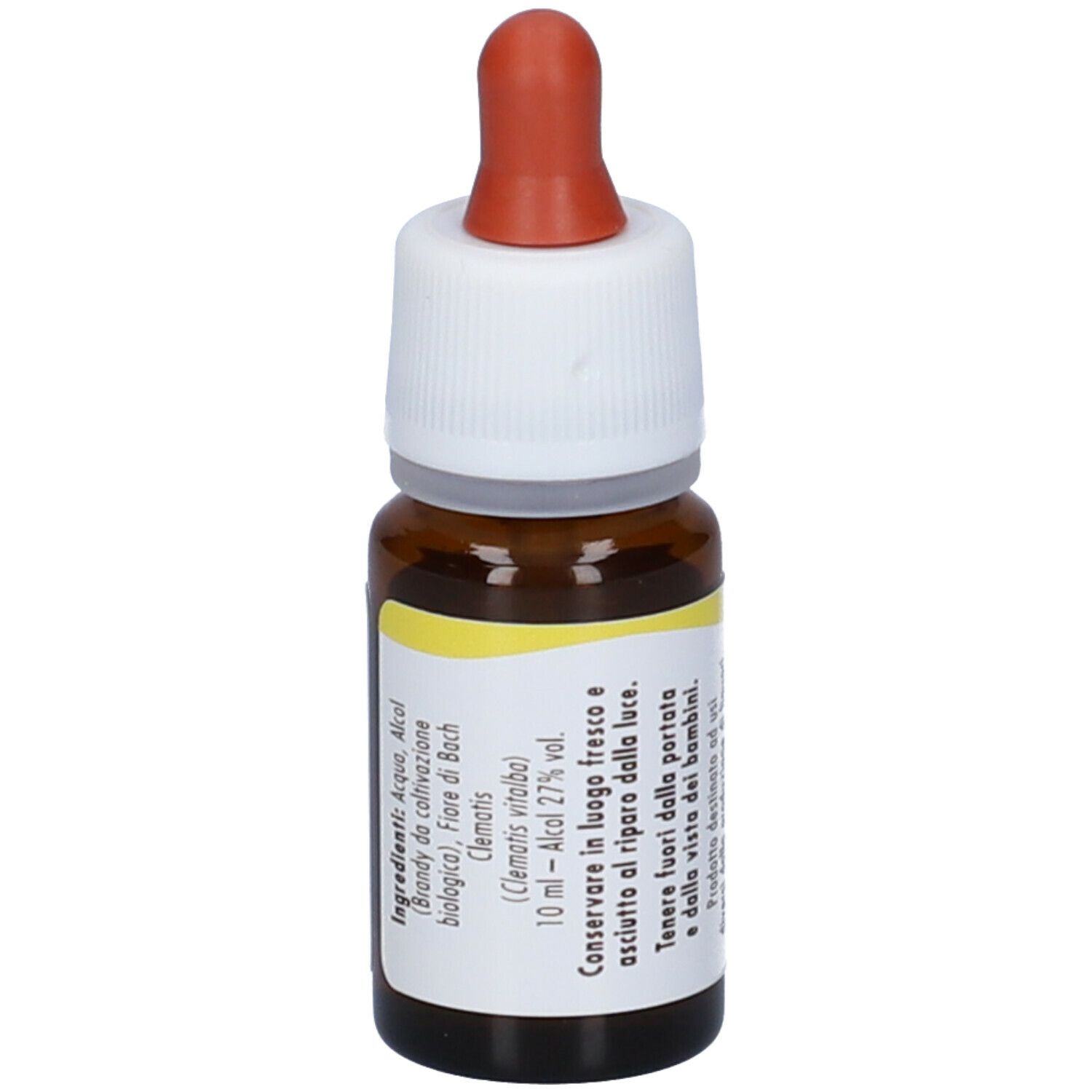 Flacone di vetro marrone con tappo bianco e contagocce rosso. Etichetta con ingredienti e testo.