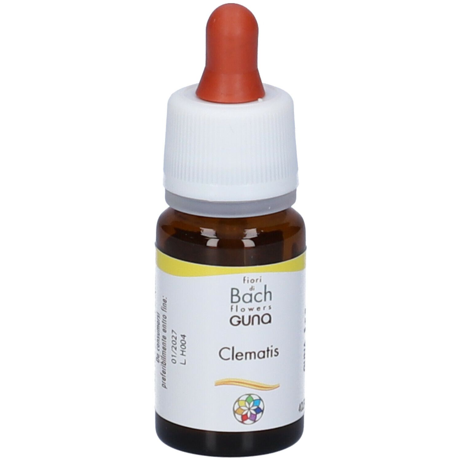 Flacone di vetro marrone con tappo bianco e contagocce rosso. Scritta: GUNA Clematis.