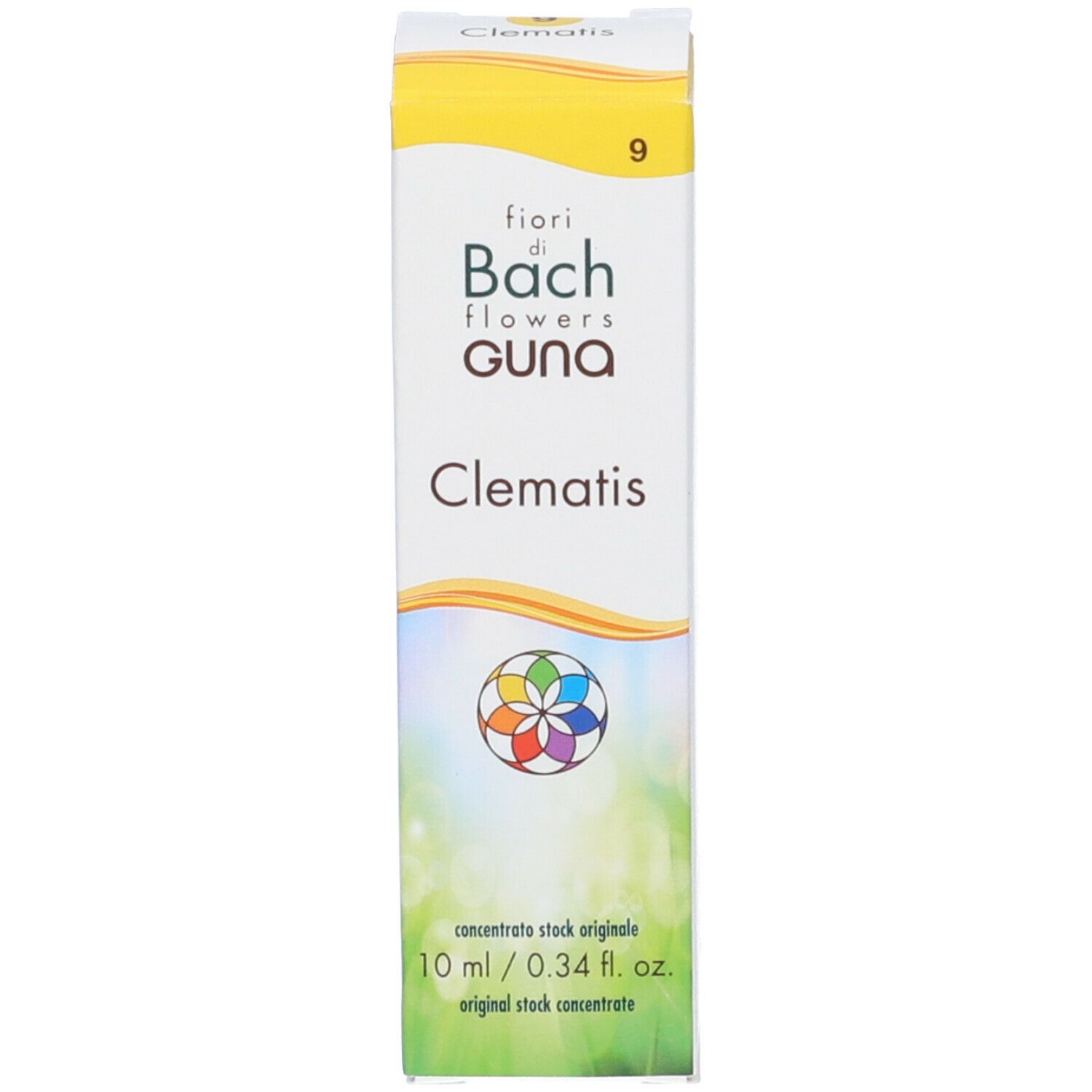 Scatola alta con design floreale. Scritta: GUNA Clematis. Testo e logo.