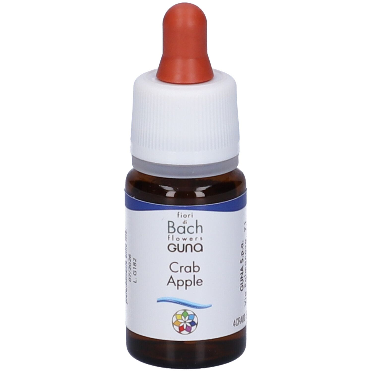 Flacone di vetro marrone con tappo bianco e pipetta rossa. Scritta: fiori di Bach flowers Guna, Crab Apple.