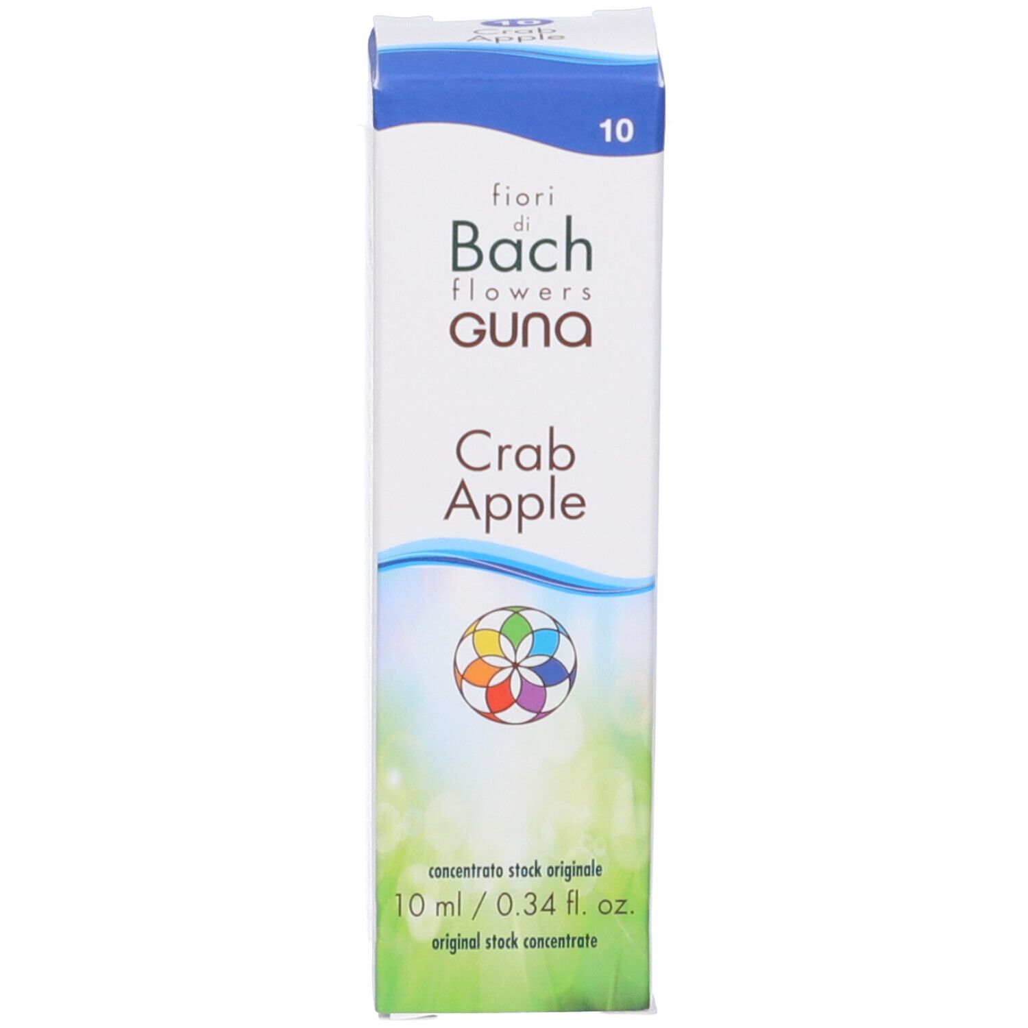 Confezione del prodotto con scritta: fiori di Bach flowers Guna, Crab Apple, 10 ml.