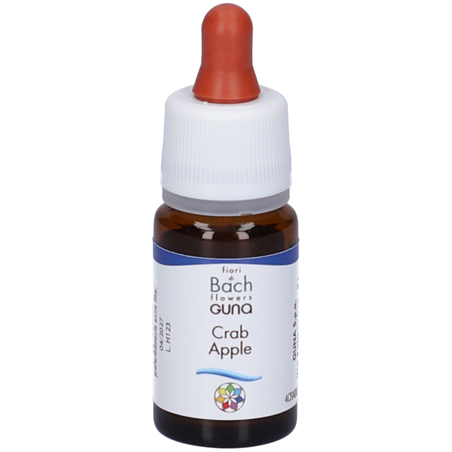 Flacone di vetro marrone con contagocce. Scritta: Crab Apple, Guna, Fiori di Bach. Fiore colorato.