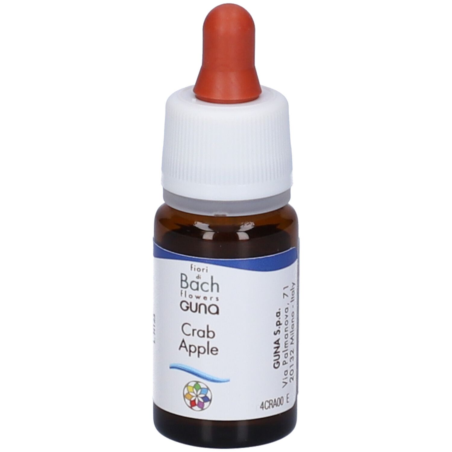 Flacone di vetro marrone con contagocce. Scritta: Crab Apple, Guna, Fiori di Bach. Etichetta con testo.