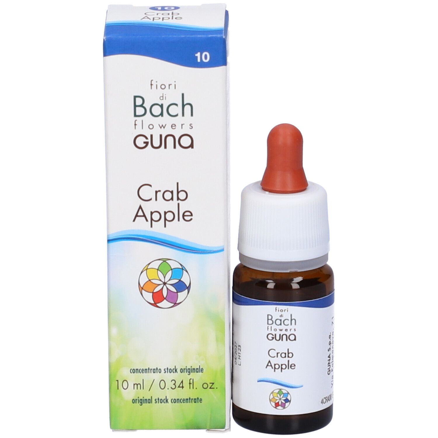 Flacone di vetro marrone con contagocce e scatola. Scritta: Crab Apple, Guna, Fiori di Bach. 10 ml.