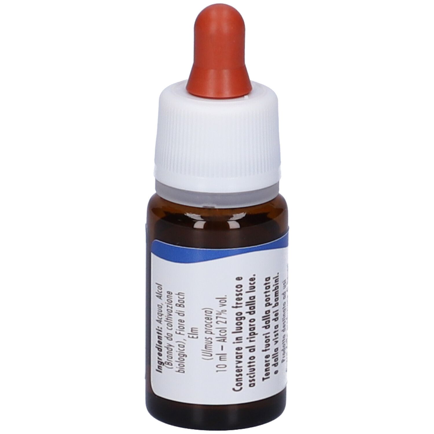 Flacone in vetro marrone con contagocce. Scritta: fiori di Bach flowers, Elm, 10 ml, 27% vol. Ingredienti.