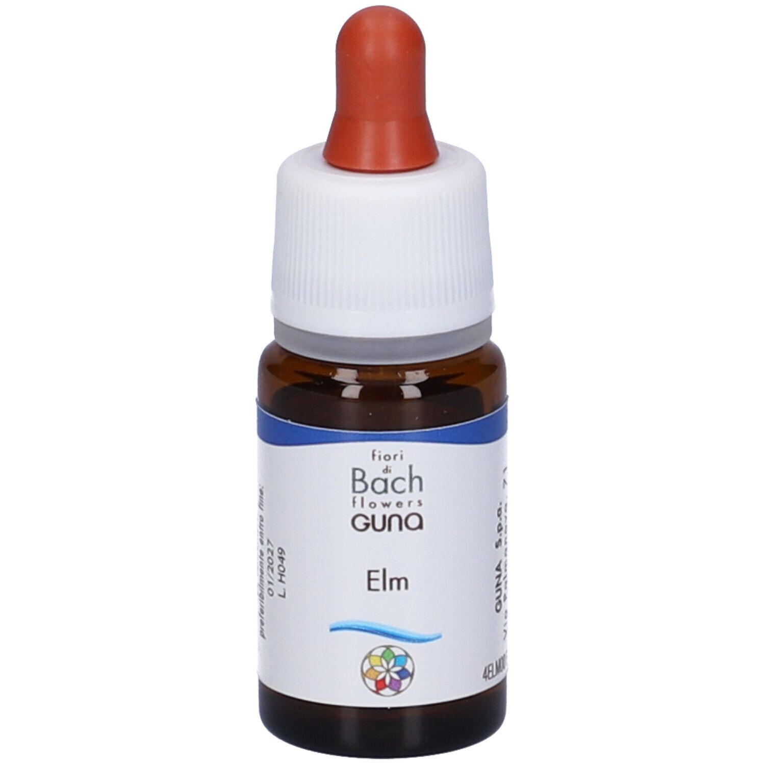 Flacone in vetro marrone con contagocce. Scritta: fiori di Bach flowers, Elm. Cerchio colorato.