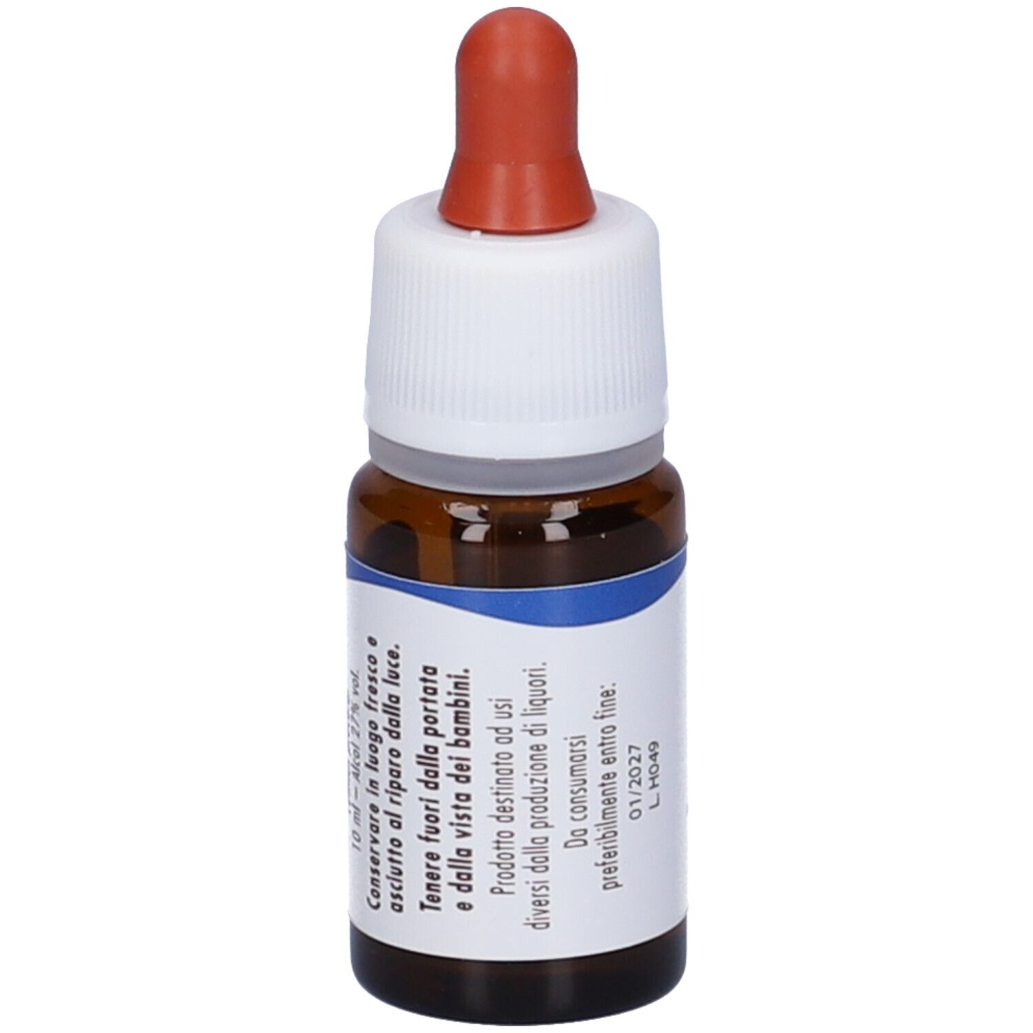 Flacone in vetro marrone con contagocce. Scritta: fiori di Bach flowers, Elm, 10 ml, 27% vol. Ingredienti.